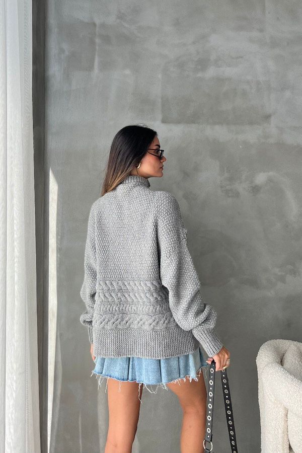 Cable Knitted High Neck Sweater with a Slit 4