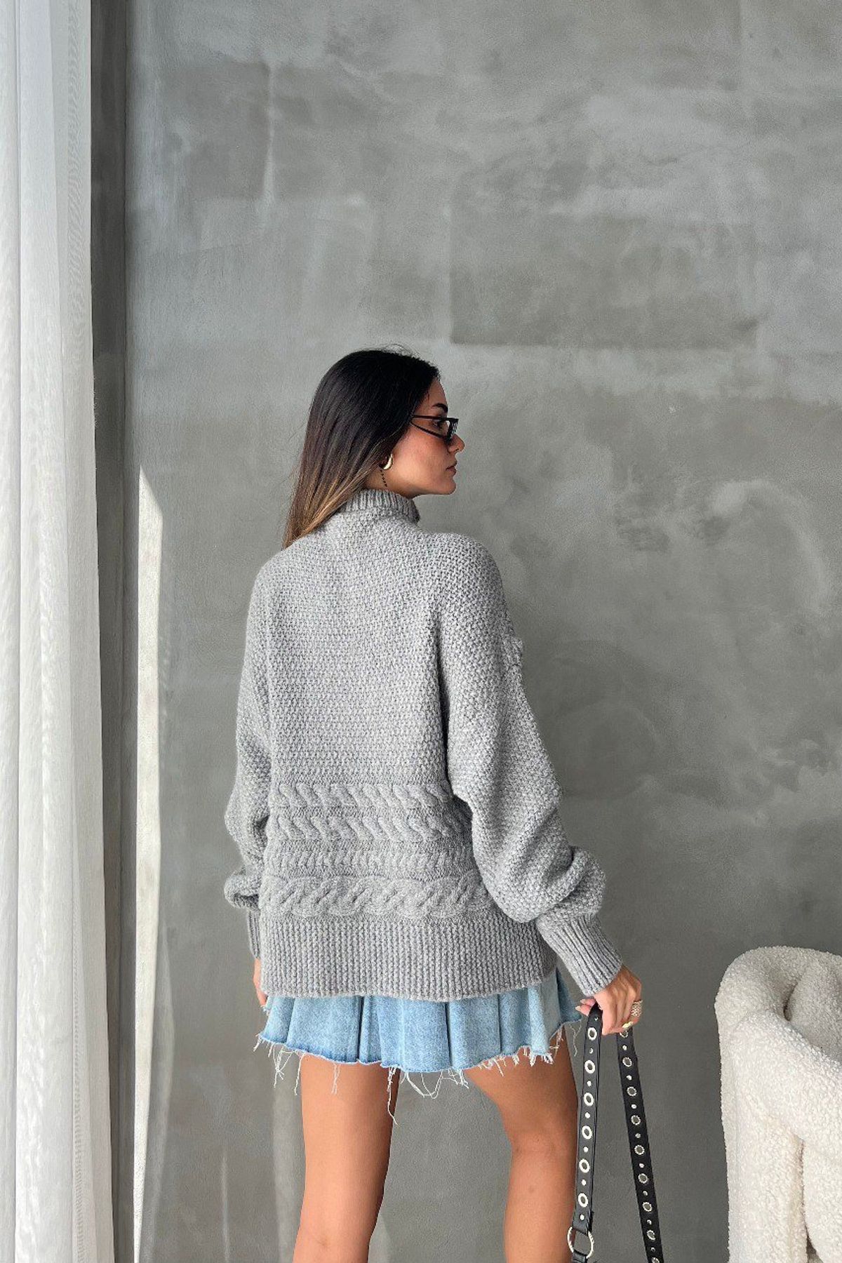 Cable Knitted High Neck Sweater with a Slit
