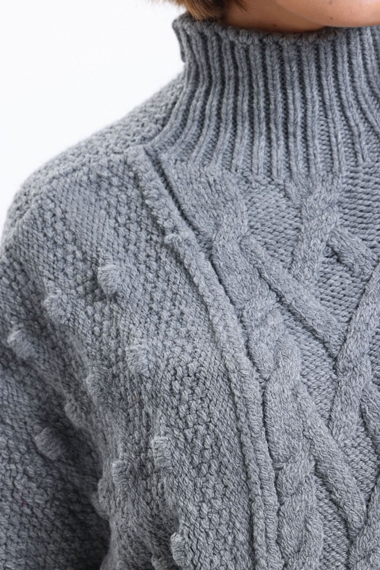 Cable Knitted High Neck Sweater with a Slit