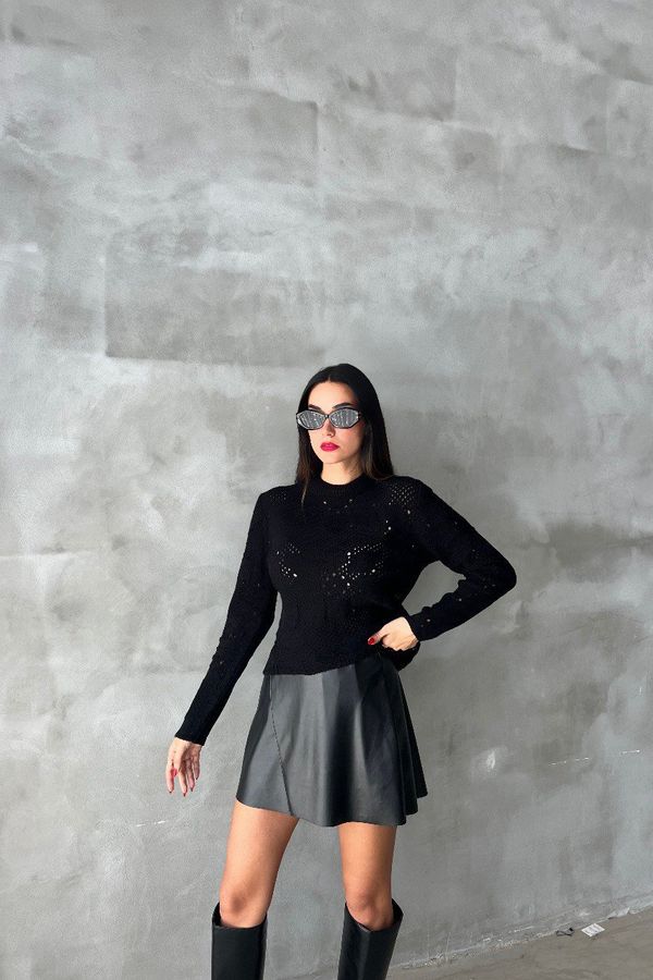 Crew Neck Cropped Sweater with a Lace Up Back 2