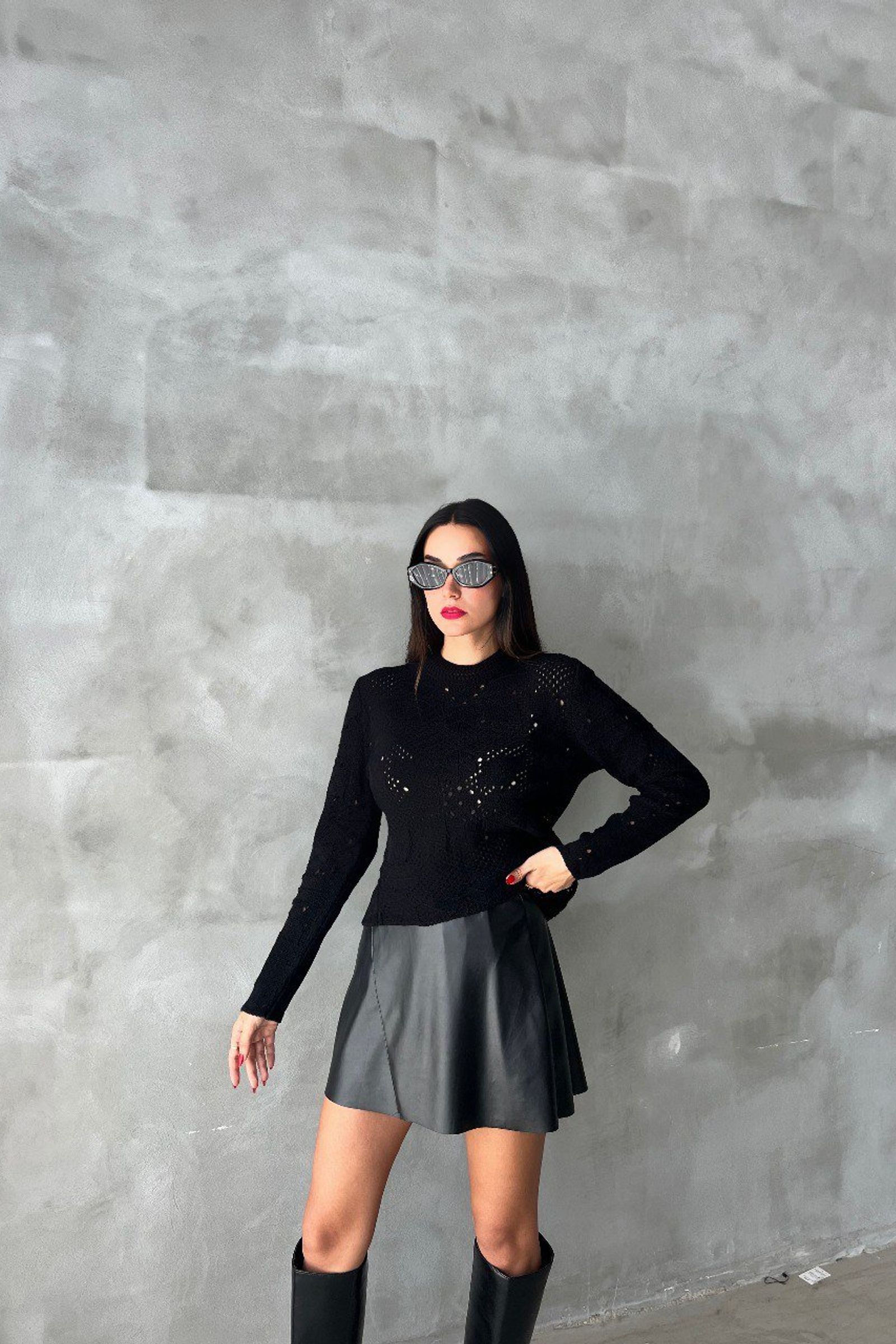 Crew Neck Cropped Sweater with a Lace Up Back