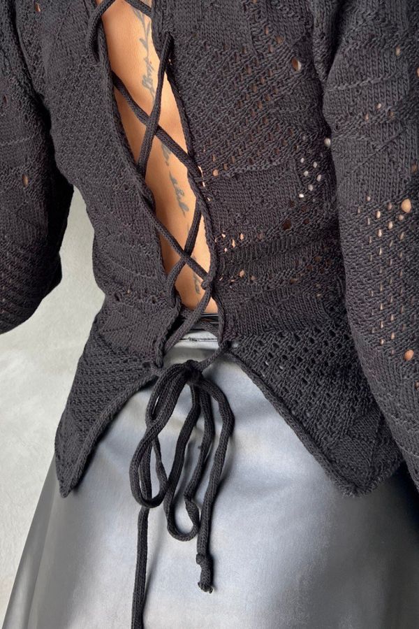 Crew Neck Cropped Sweater with a Lace Up Back 4