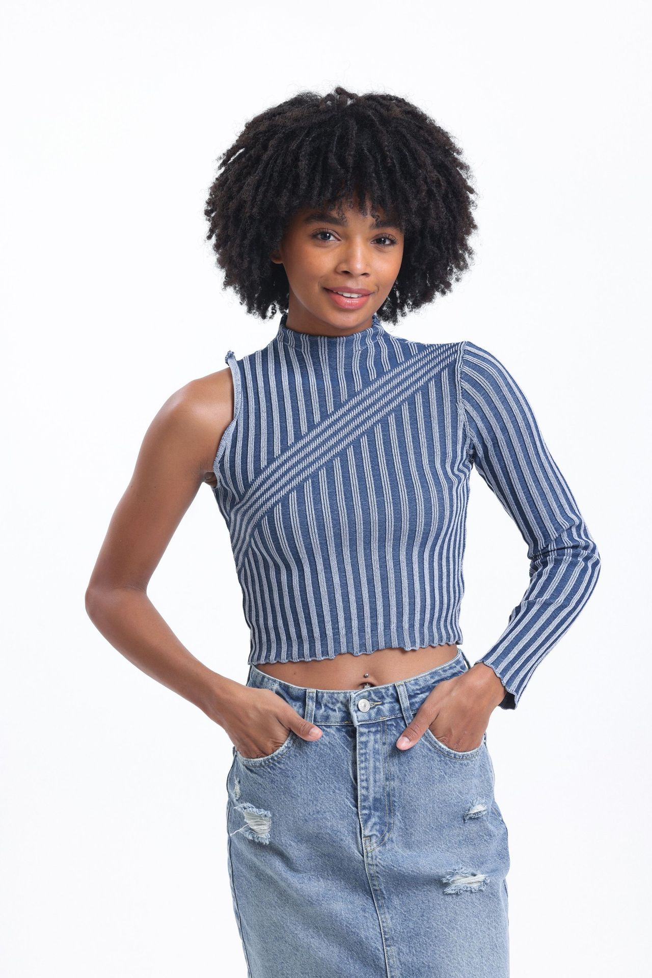 Striped High Neck One Shoulder Cropped Sweater
