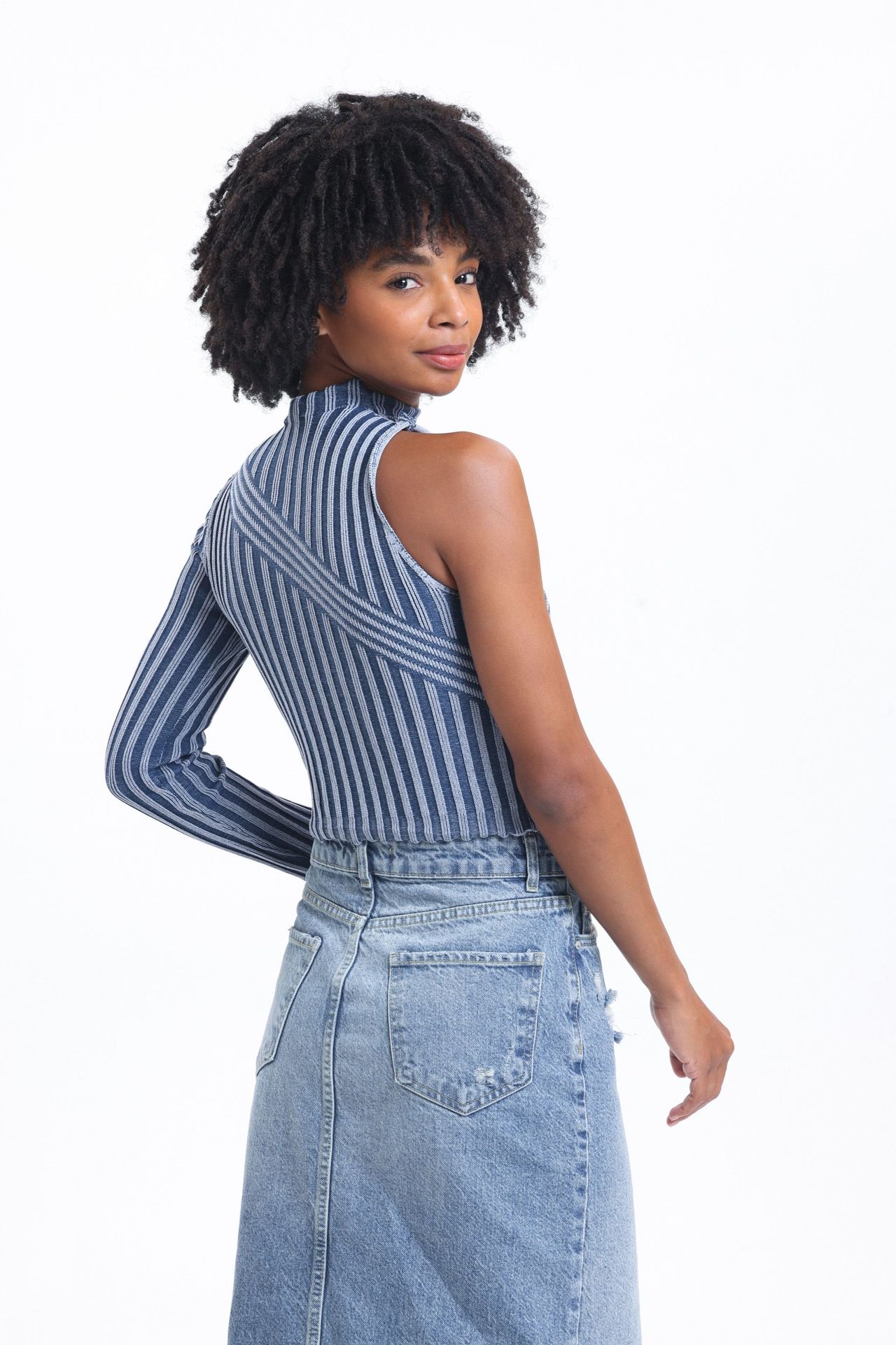 Striped High Neck One Shoulder Cropped Sweater