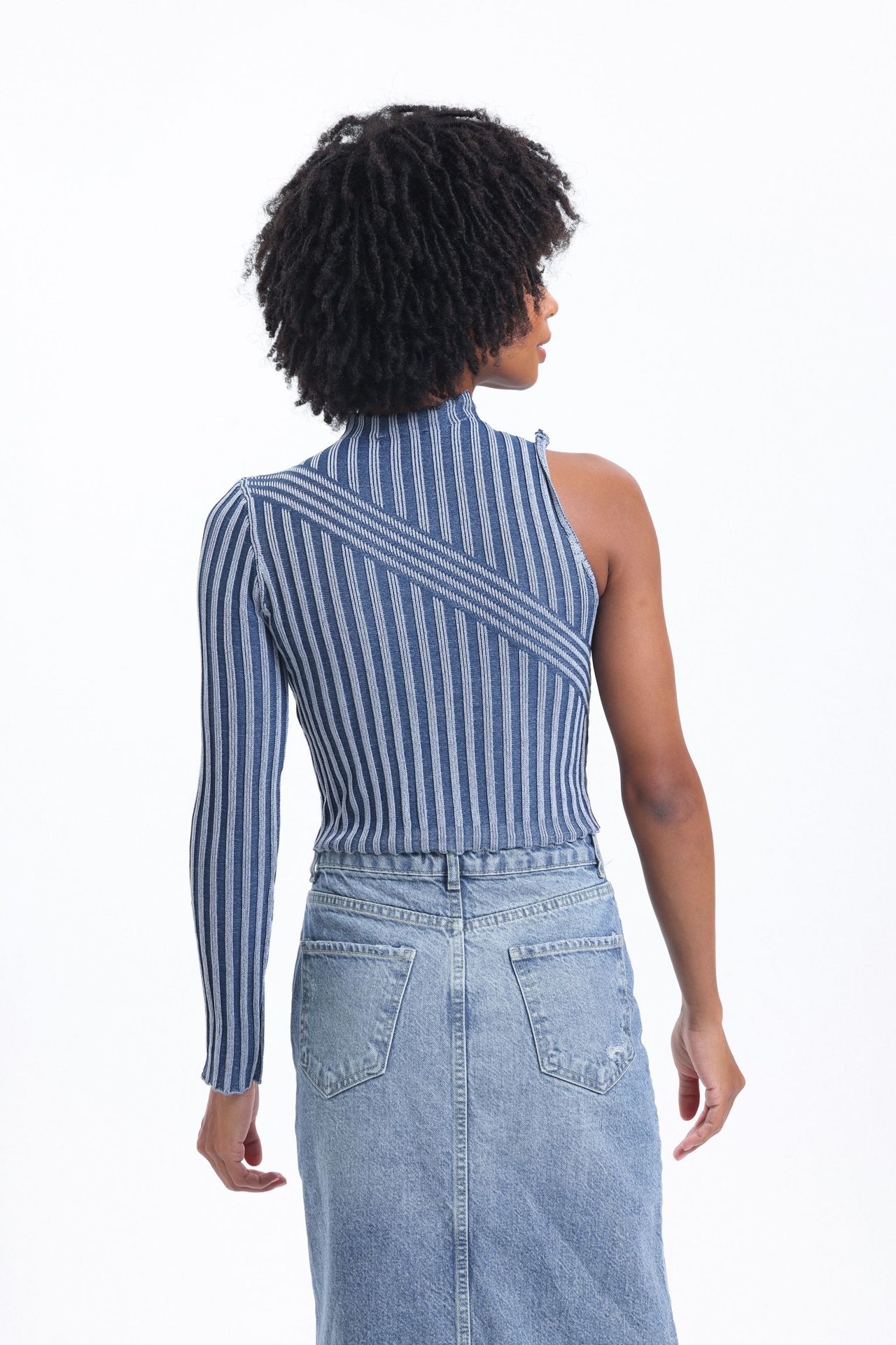 Striped High Neck One Shoulder Cropped Sweater