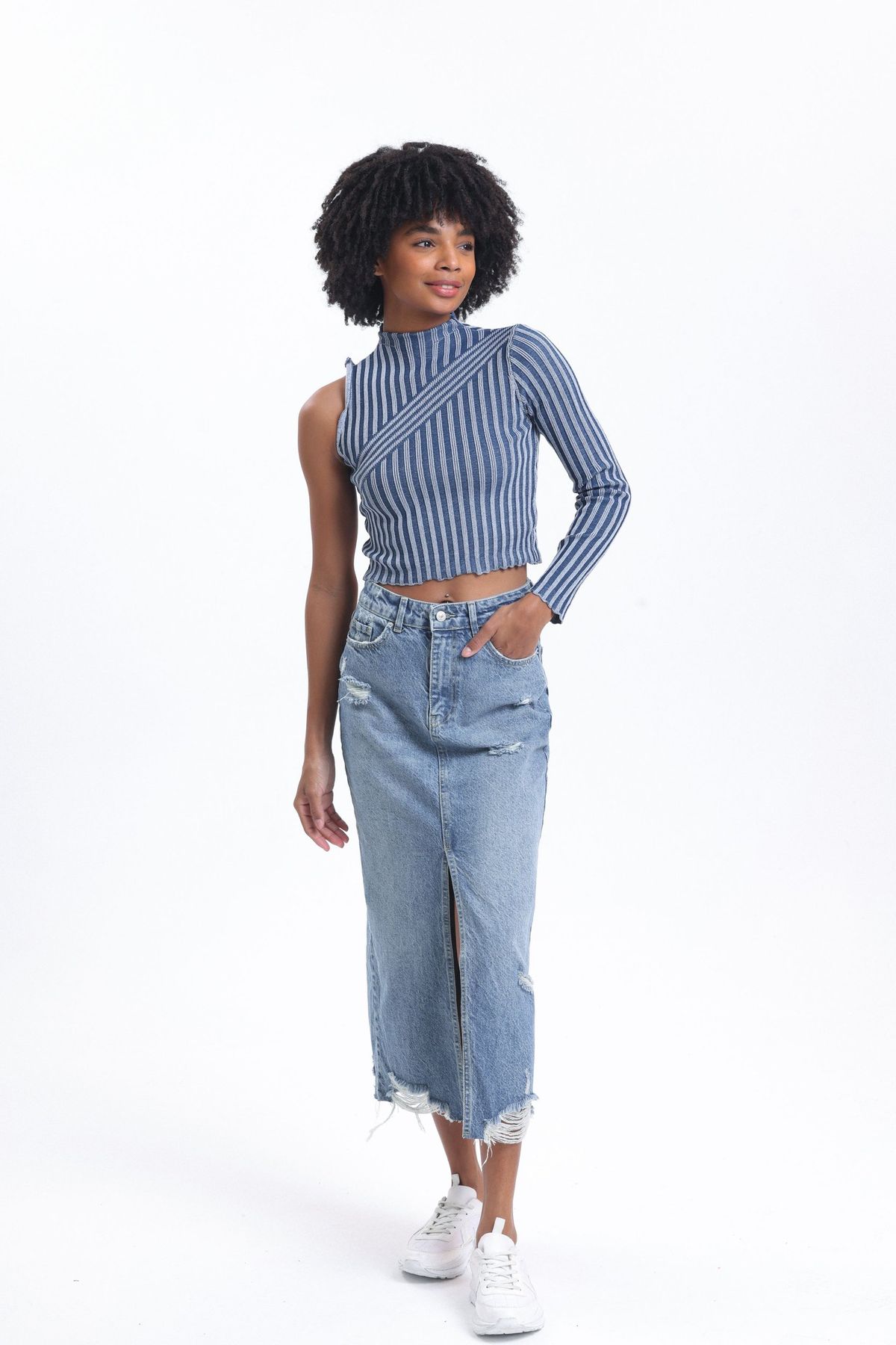 Striped High Neck One Shoulder Cropped Sweater