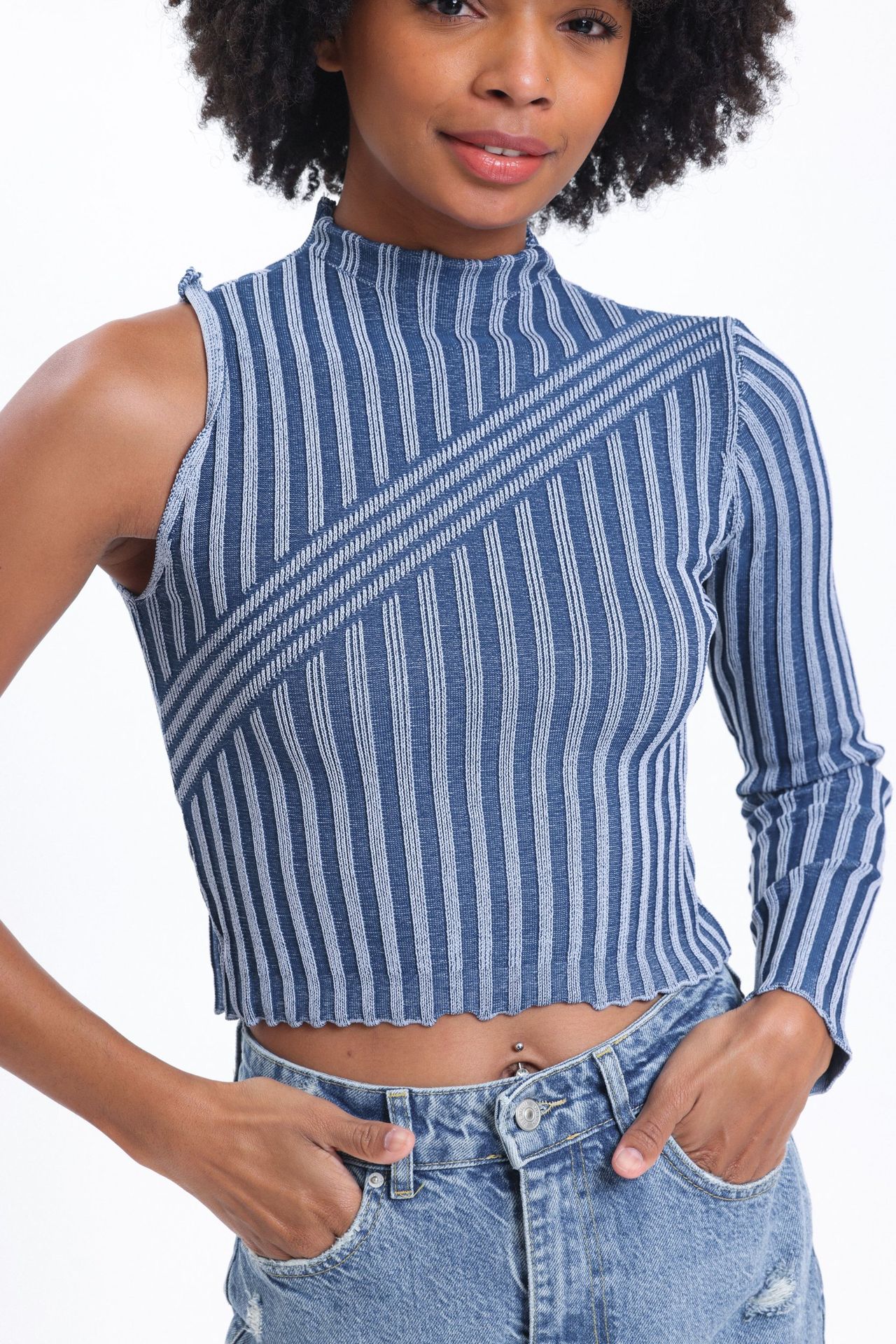 Striped High Neck One Shoulder Cropped Sweater
