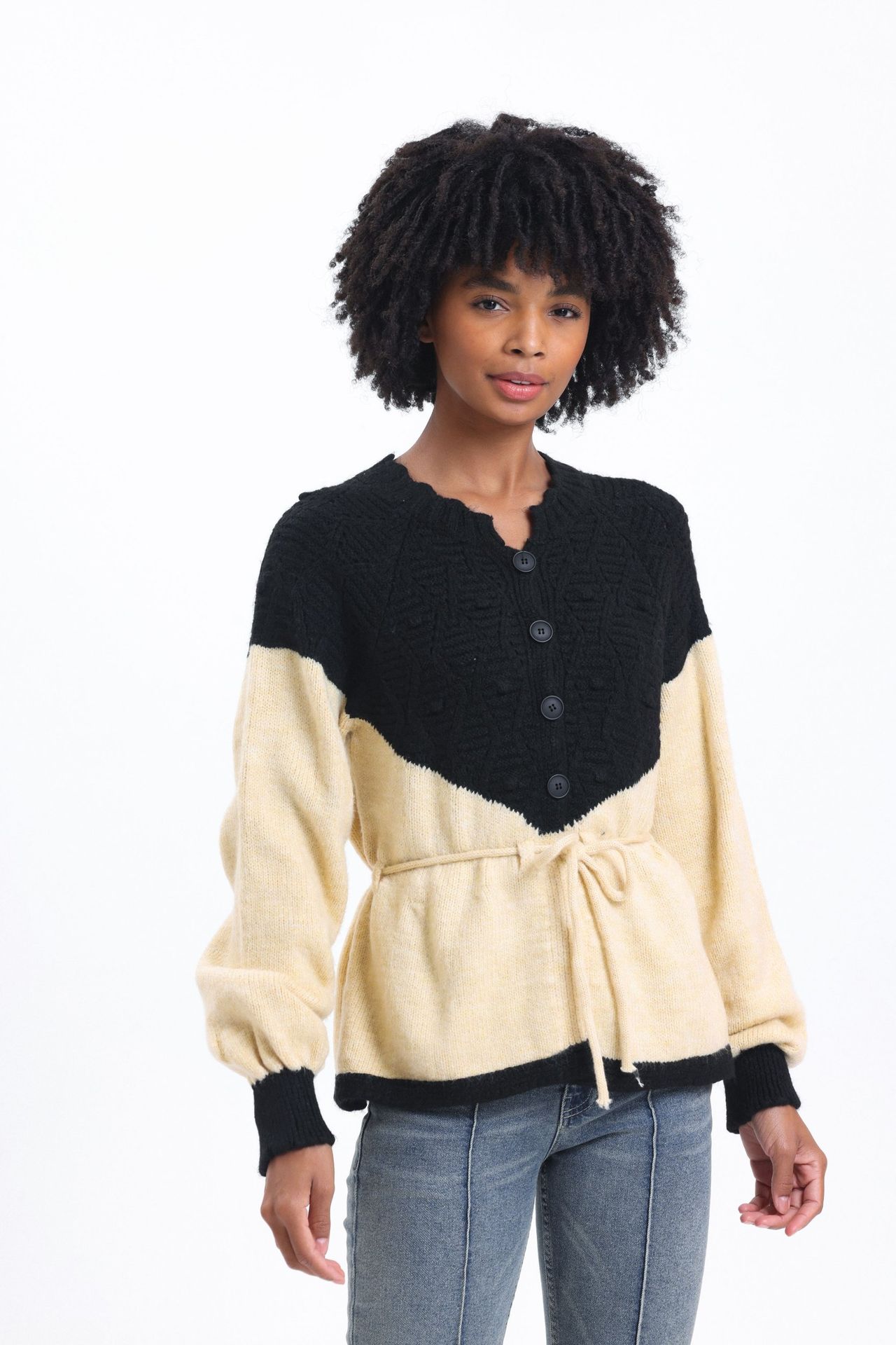 Round Neck Flare Cardigan with a Belt Detail