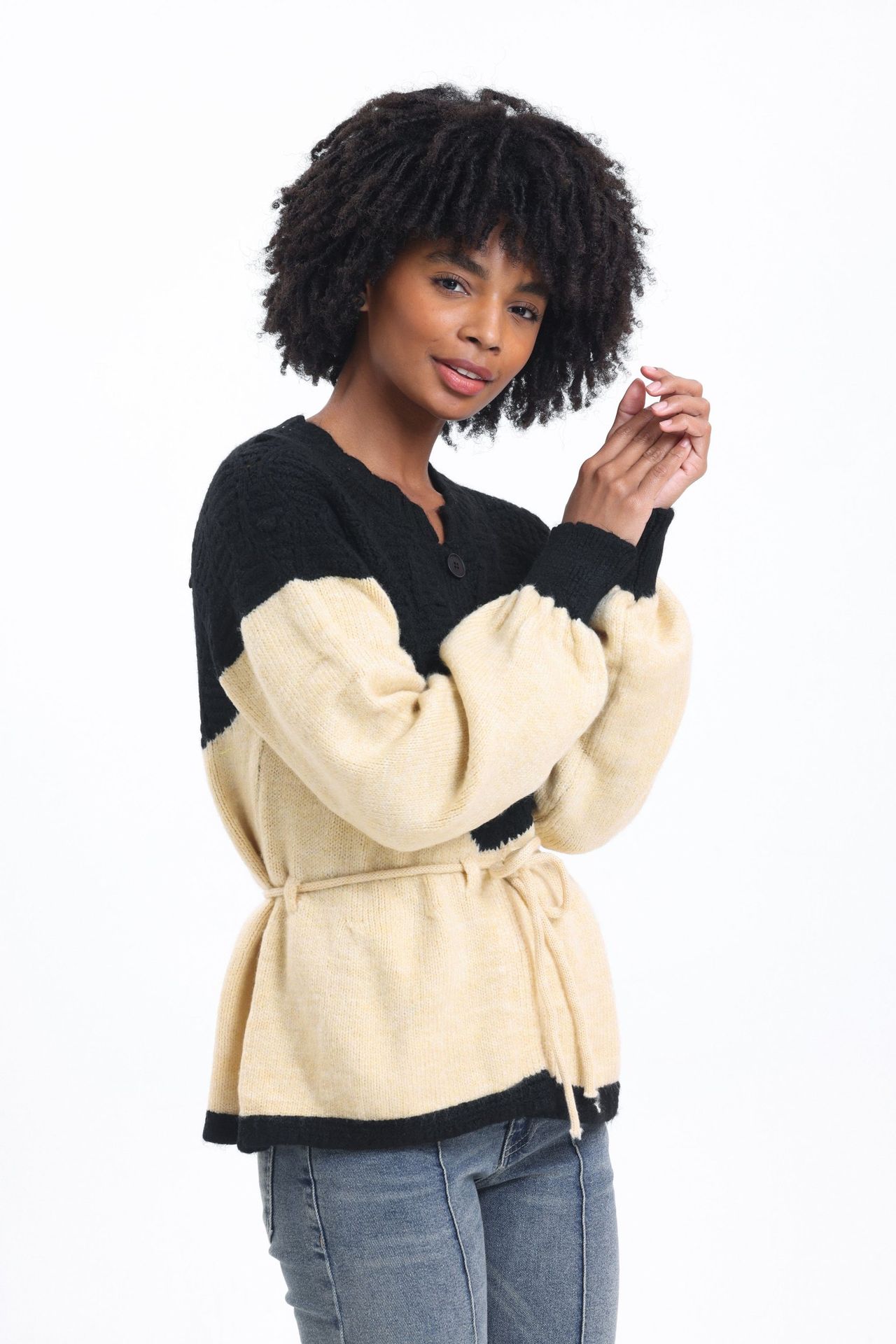 Round Neck Flare Cardigan with a Belt Detail