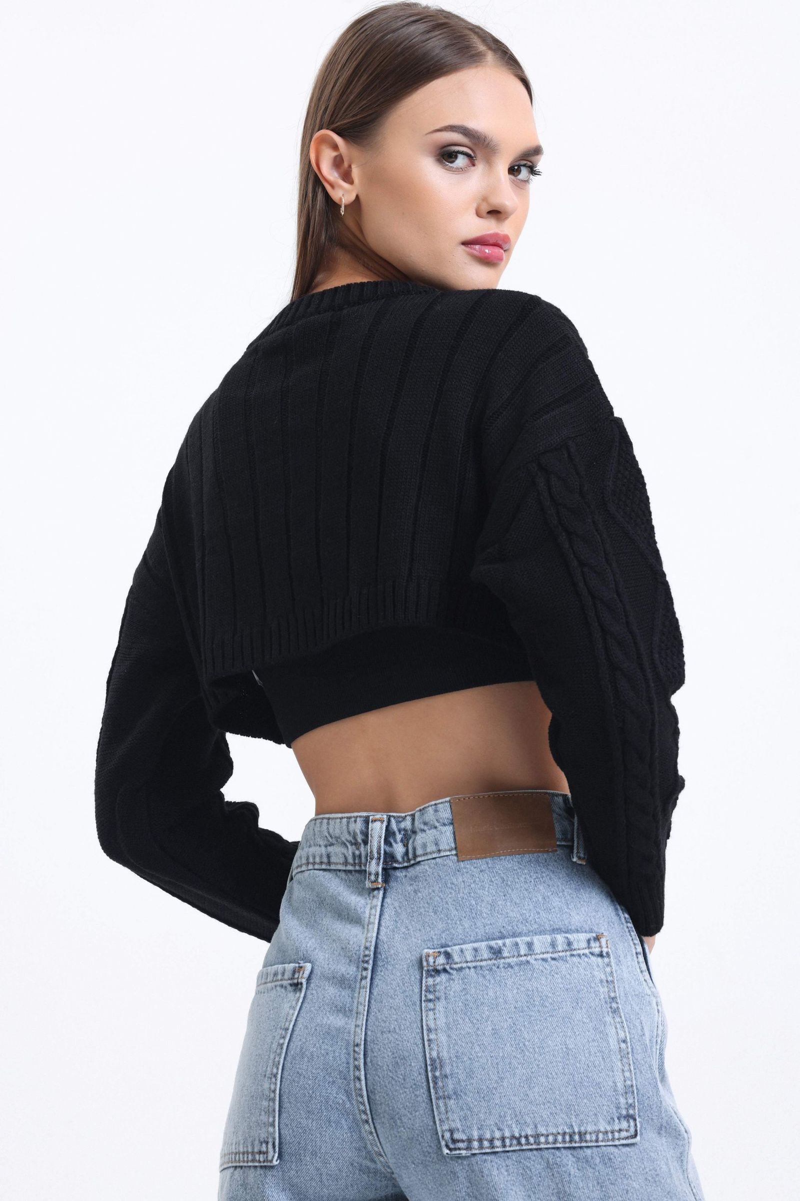 Cable Knitted Solid Crew Neck Cropped Sweater