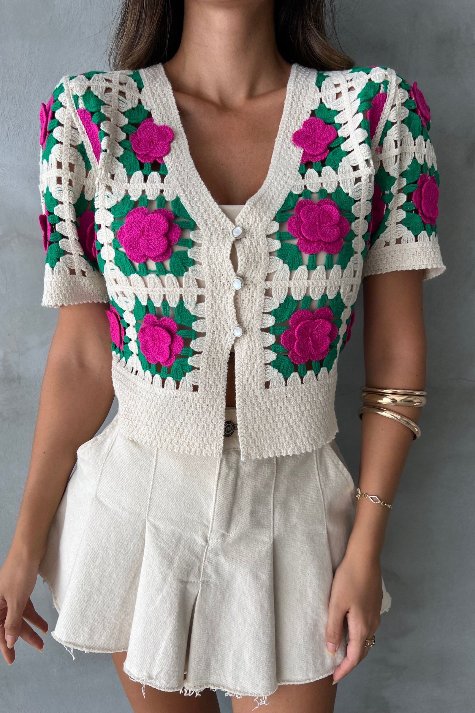 Floral V Neck Crochet Cardigan