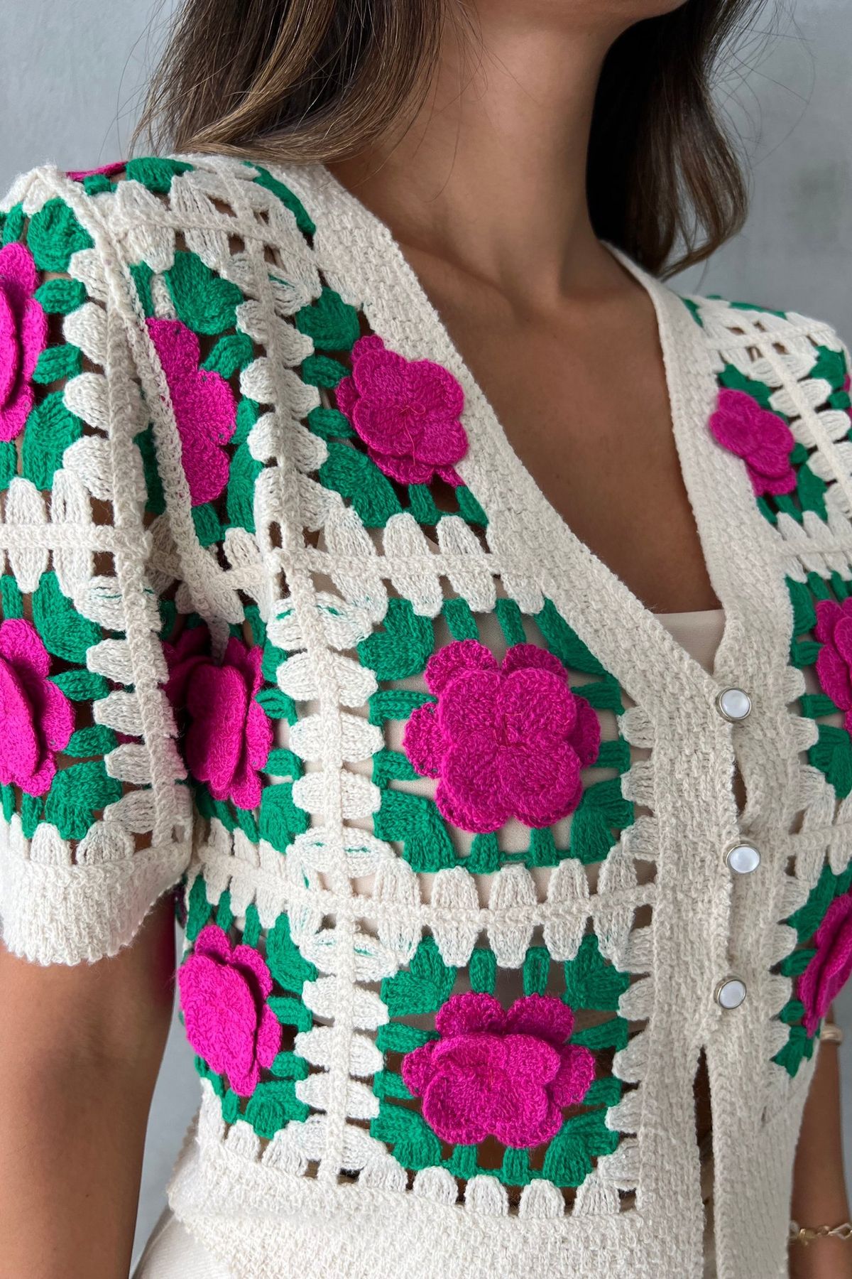 Floral V Neck Crochet Cardigan