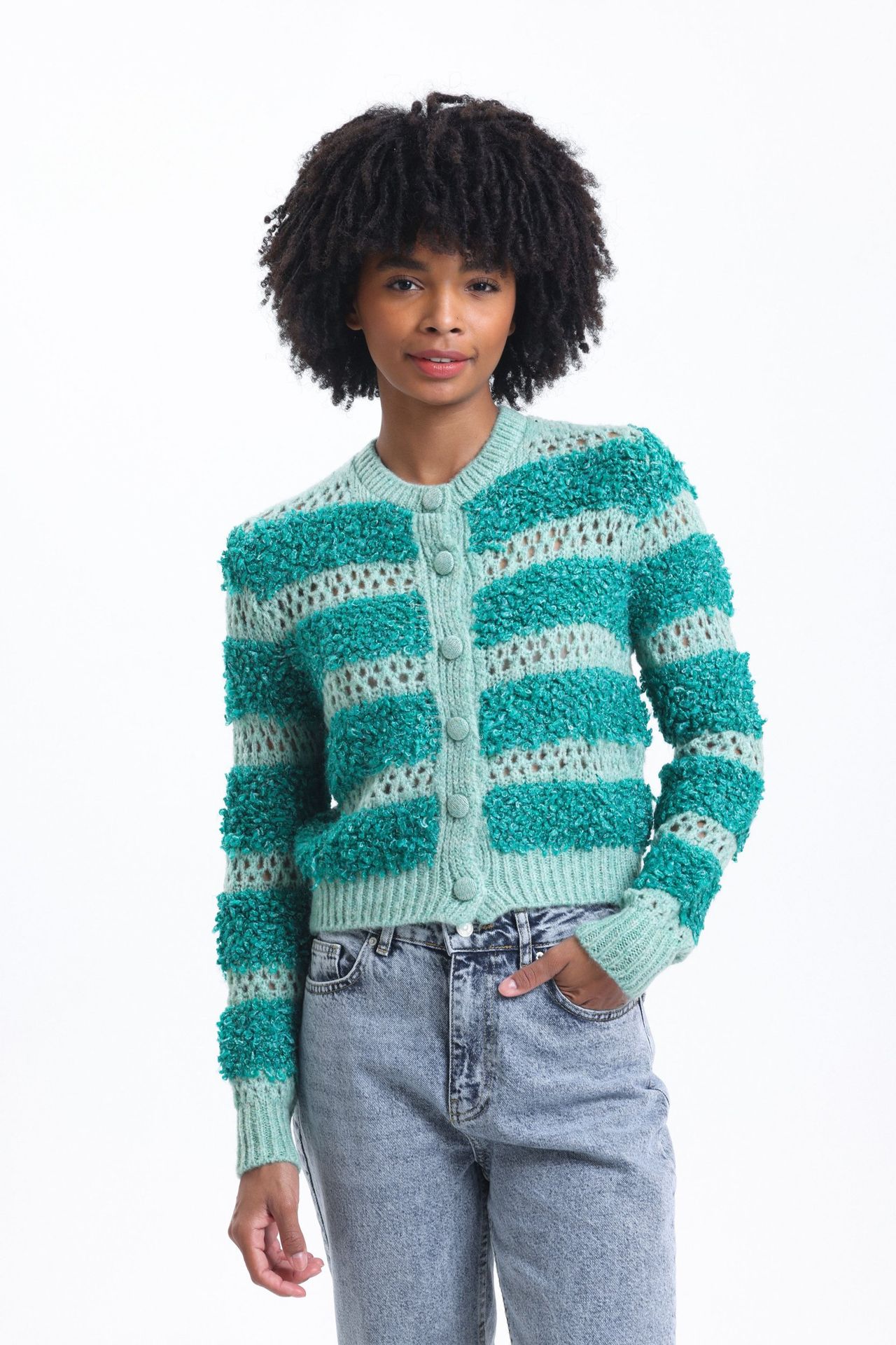 Striped Crew Neck Crochet Cardigan