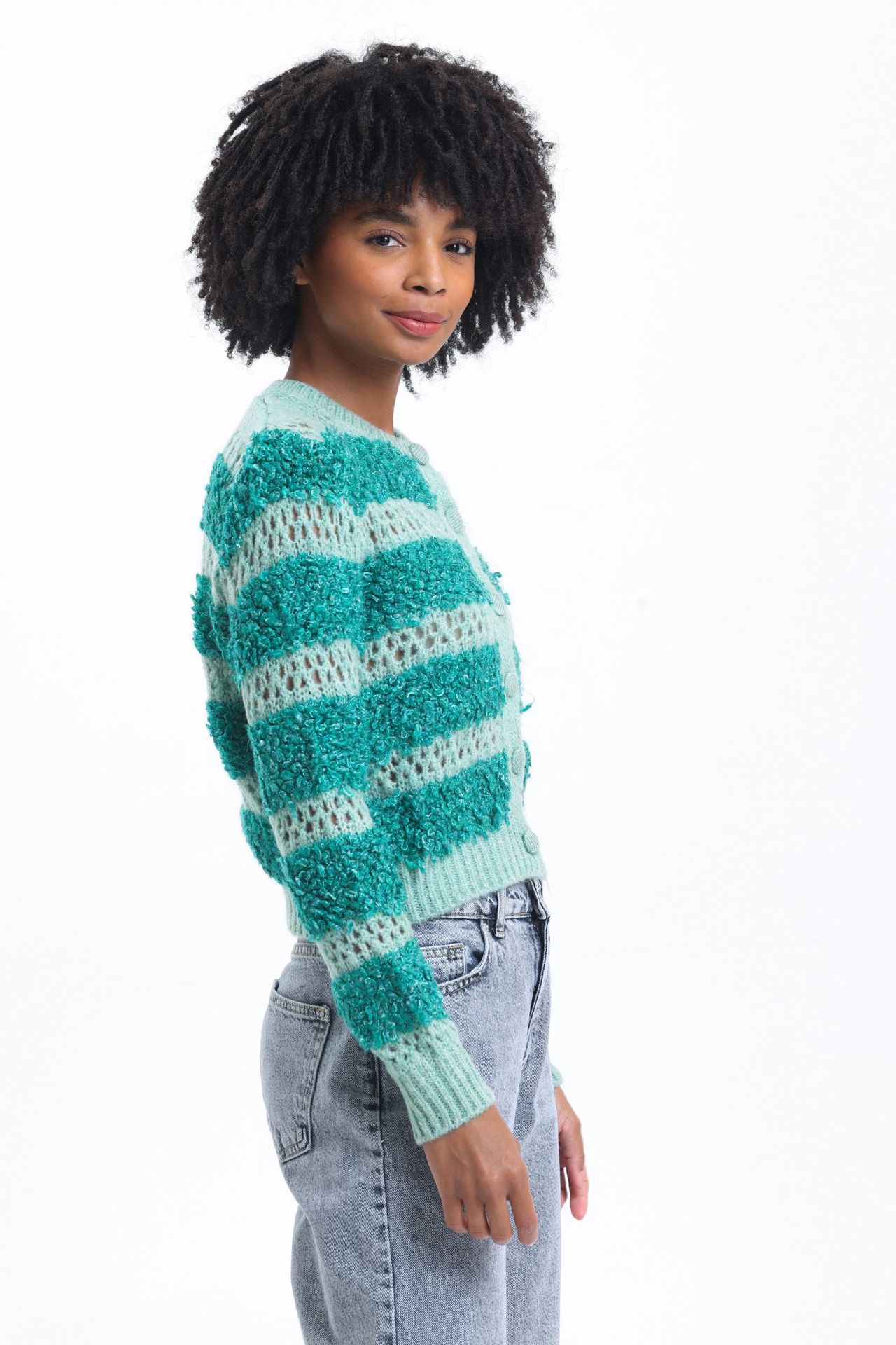 Striped Crew Neck Crochet Cardigan