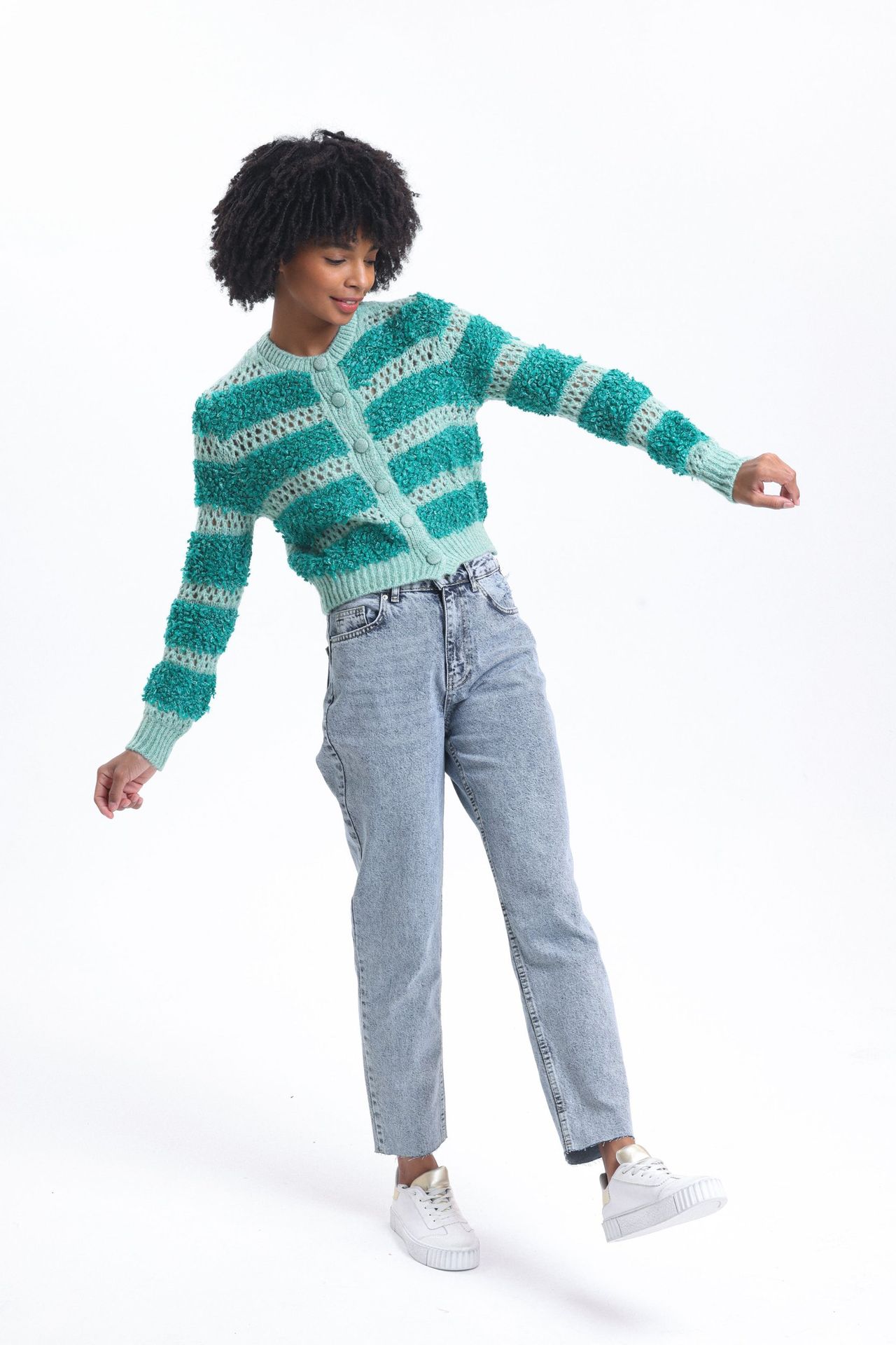 Striped Crew Neck Crochet Cardigan