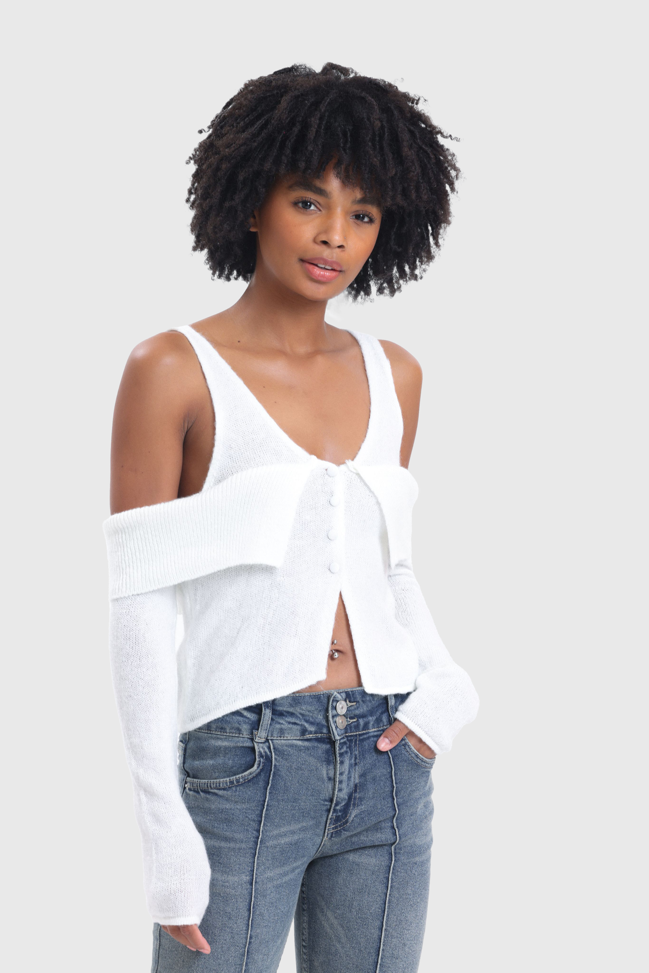 V Neck Open Shoulder Low Sleeve Sweater