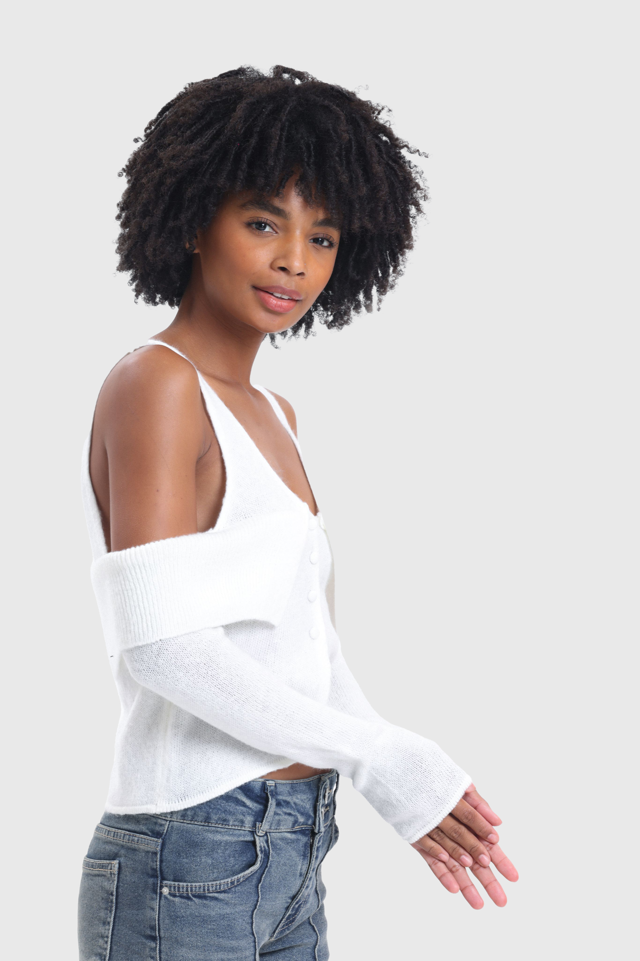 V Neck Open Shoulder Low Sleeve Sweater