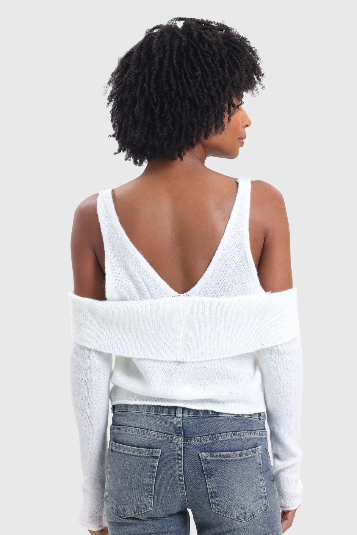 V Neck Open Shoulder Low Sleeve Sweater