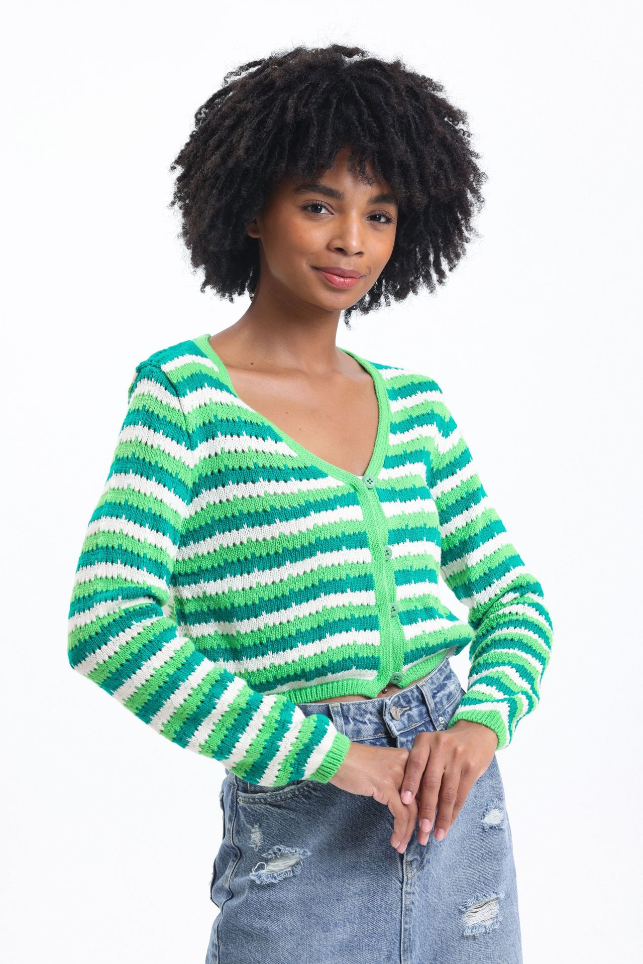 Striped V Neck Cropped Cardigan