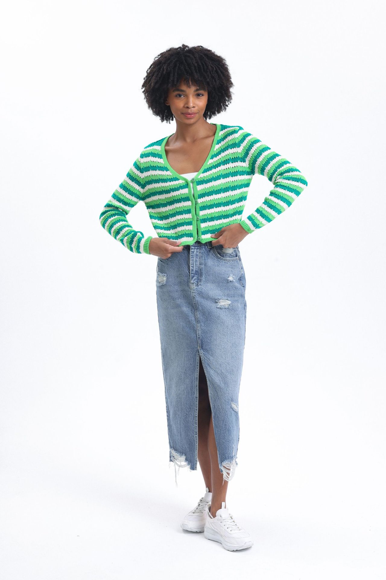 Striped V Neck Cropped Cardigan