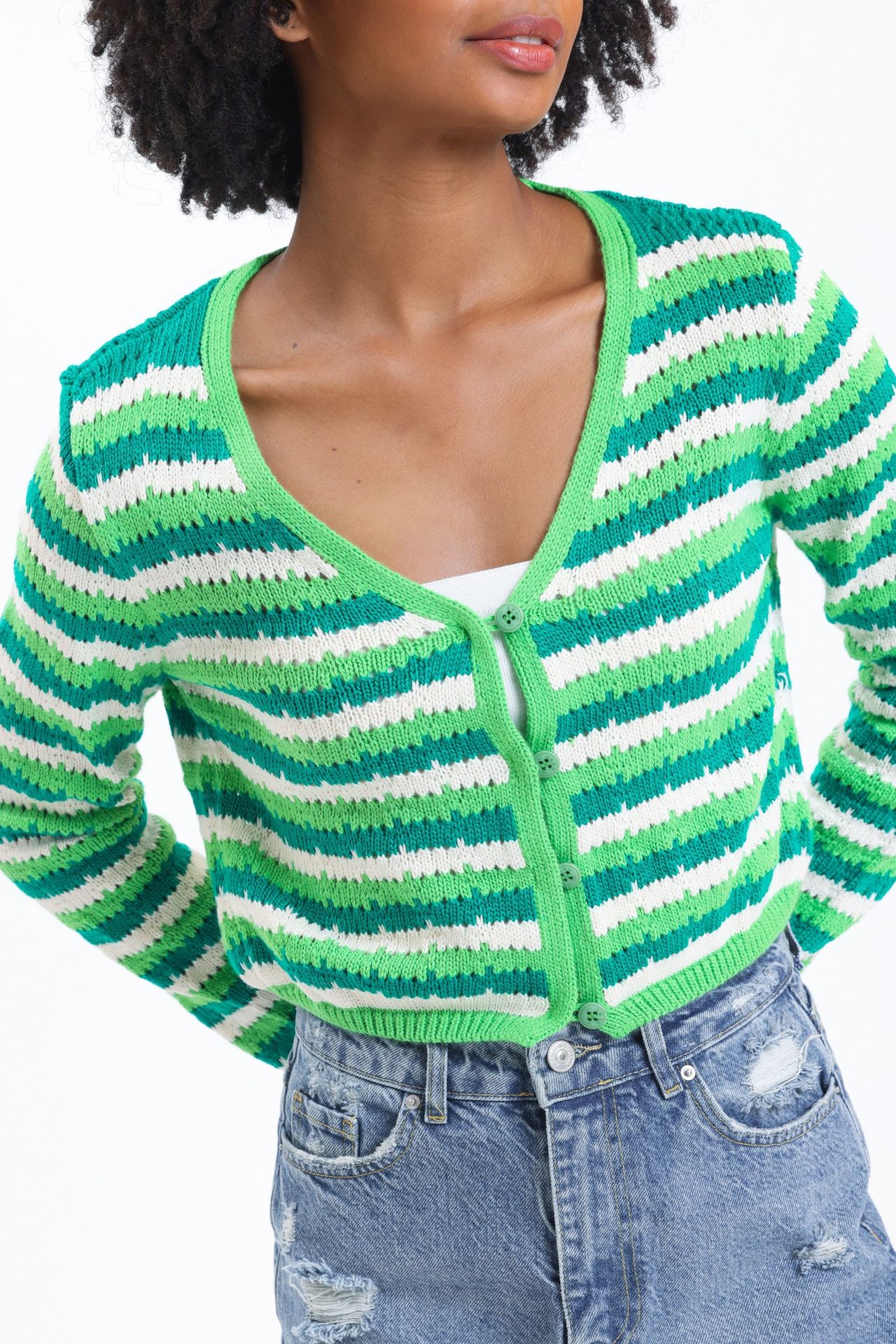 Striped V Neck Cropped Cardigan
