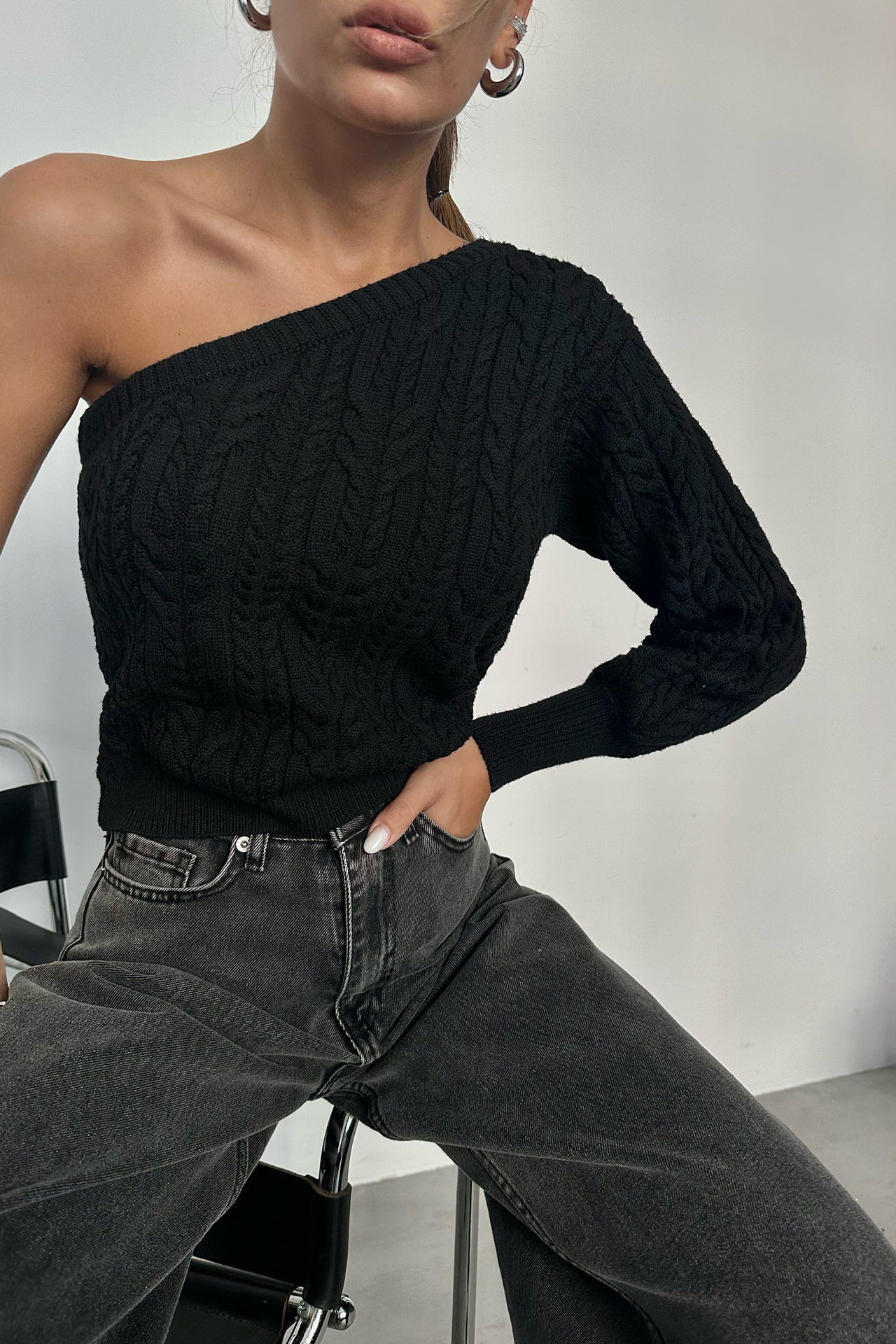 Cable Knitted One Shoulder Cropped Sweater
