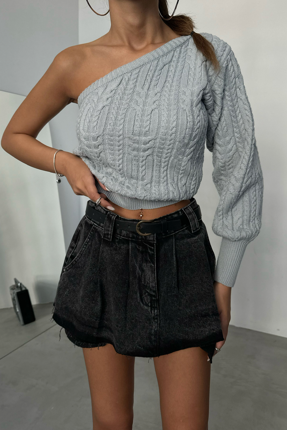 Cable Knitted One Shoulder Cropped Sweater
