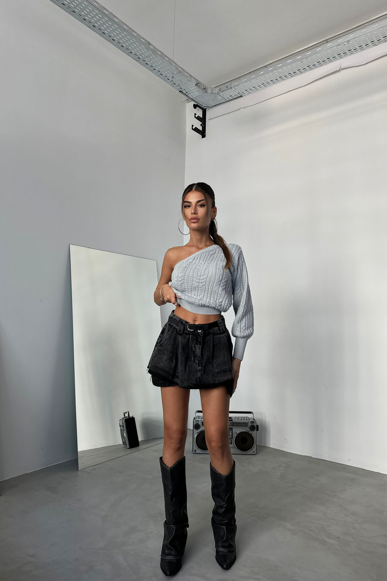 Cable Knitted One Shoulder Cropped Sweater