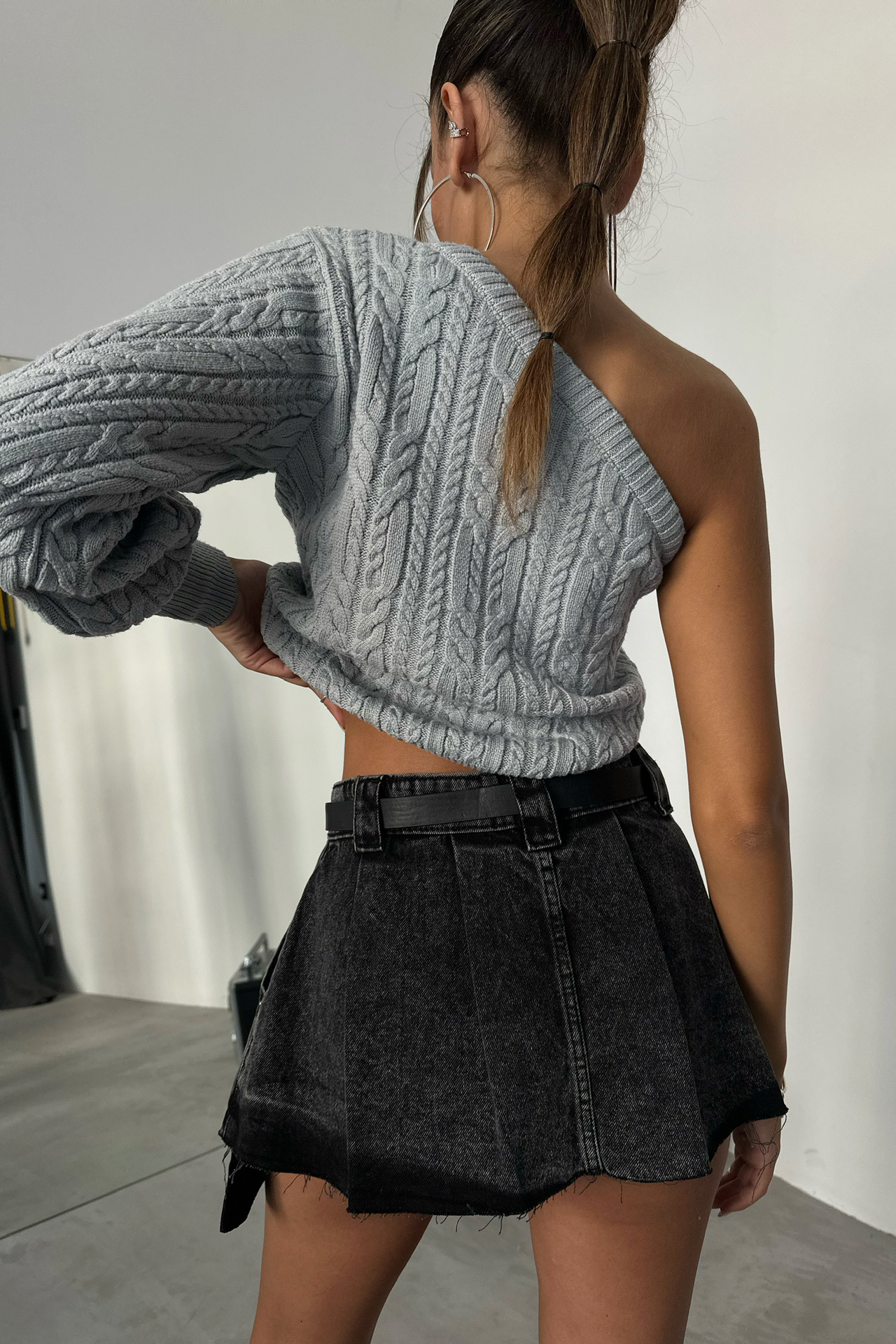 Cable Knitted One Shoulder Cropped Sweater