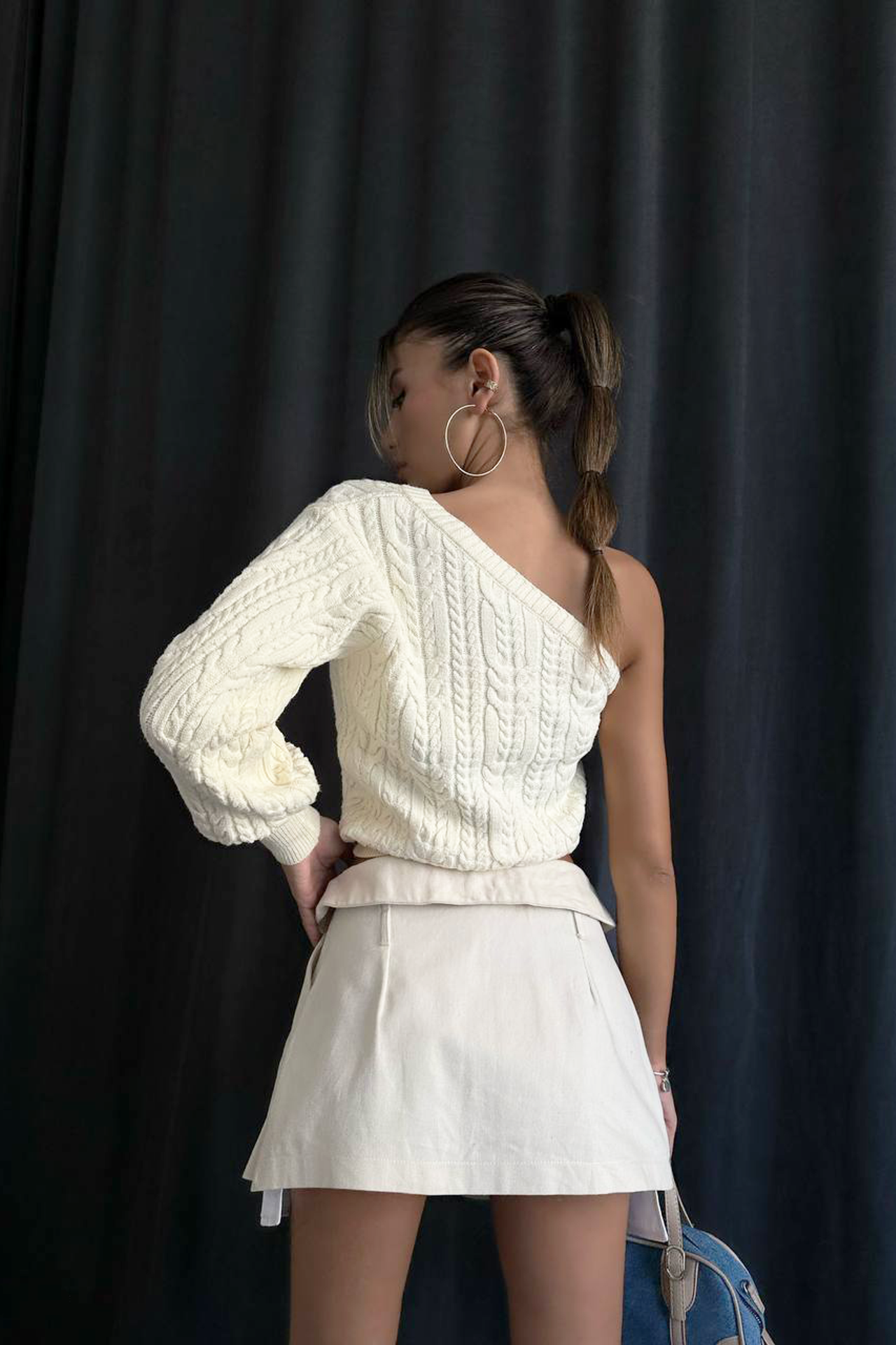 Cable Knitted One Shoulder Cropped Sweater