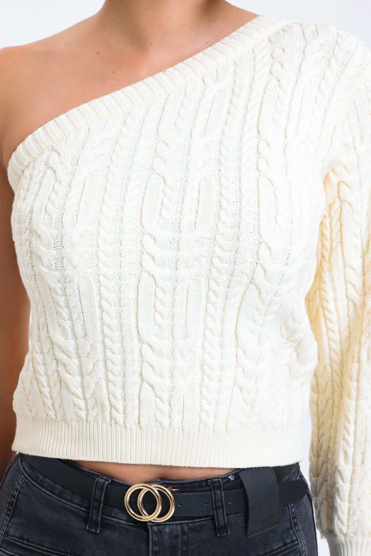 Cable Knitted One Shoulder Cropped Sweater