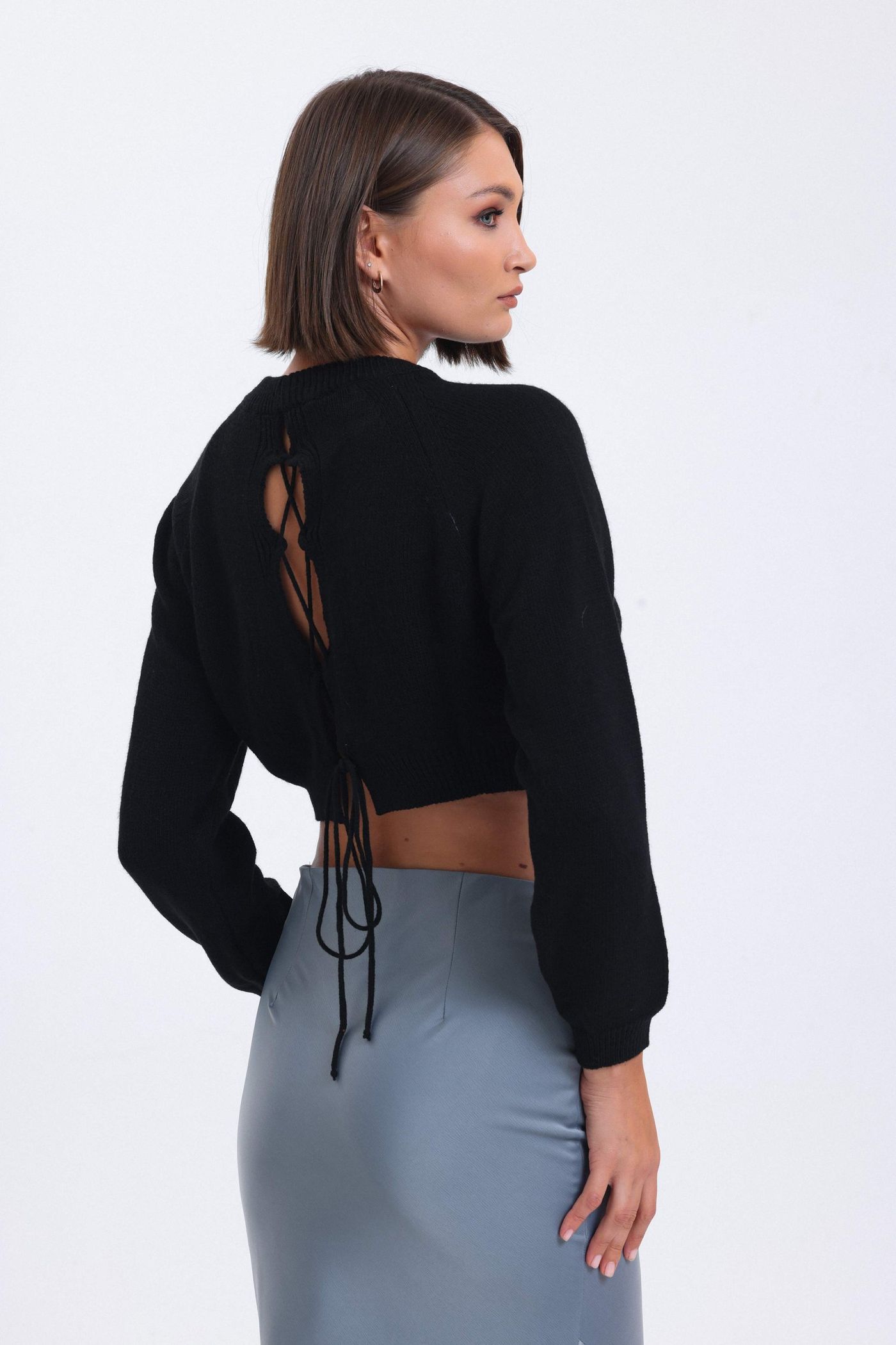 Round Neck Cropped Sweater with a Lace Up Back