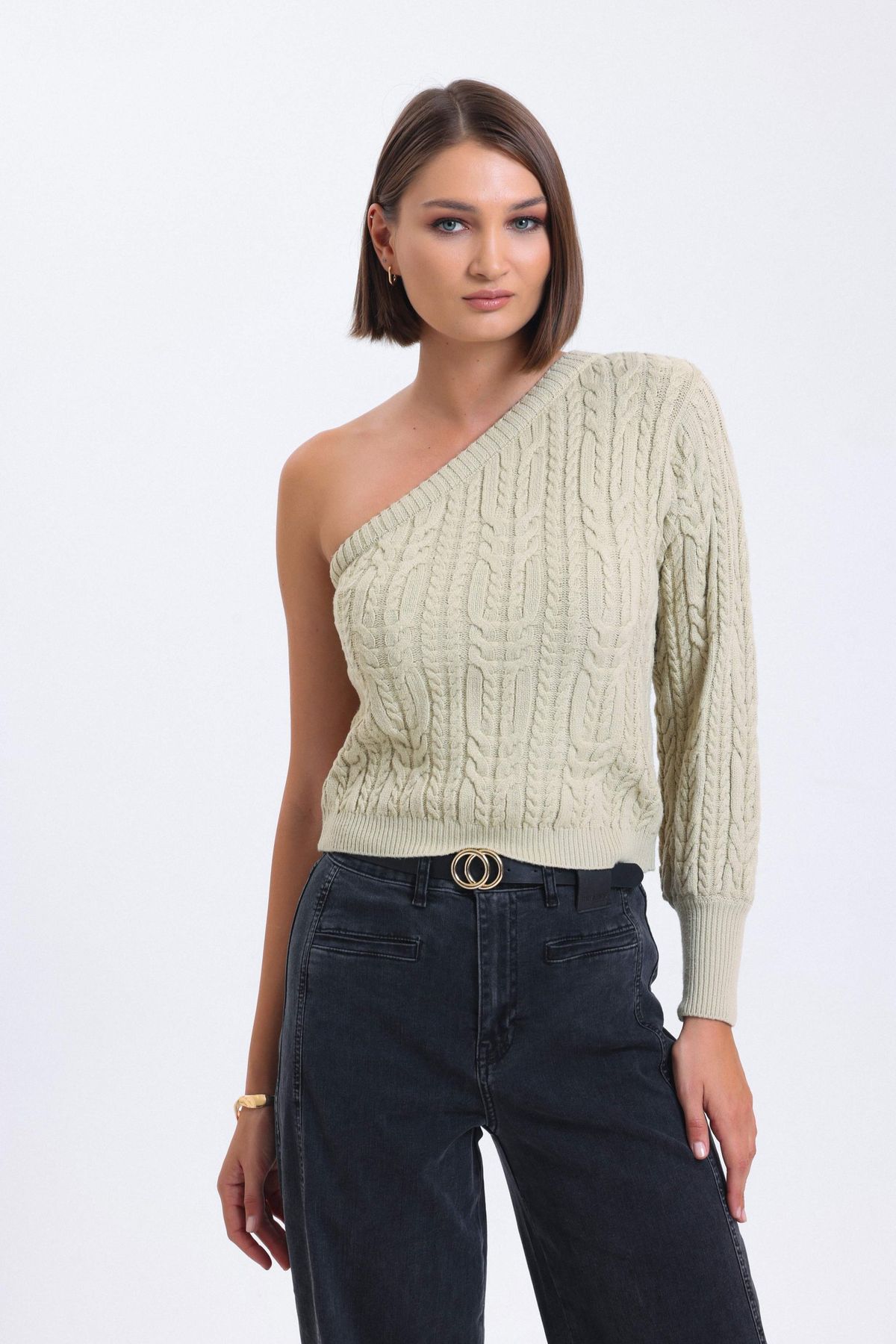 Cable Knitted One Shoulder Cropped Sweater