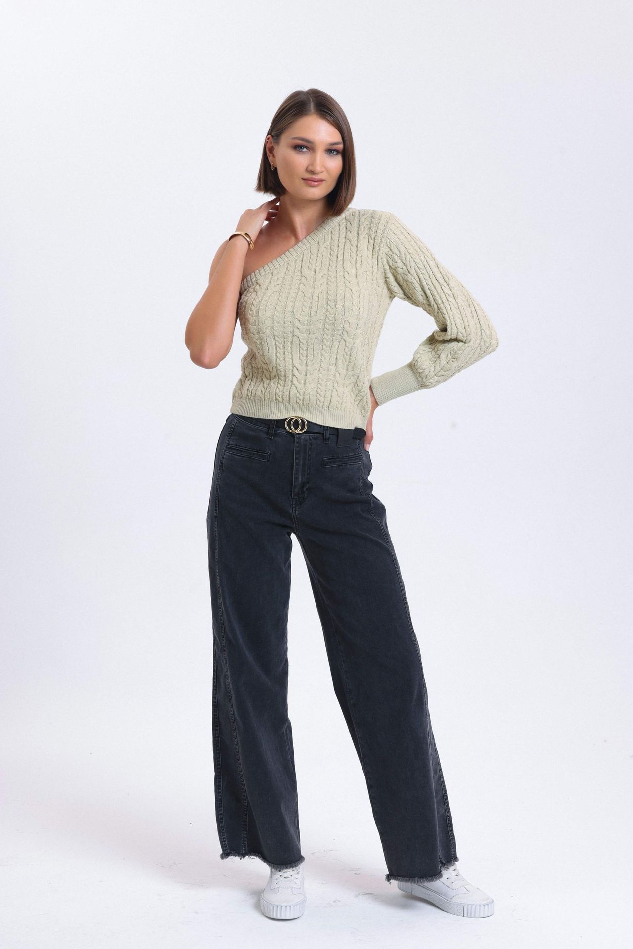 Cable Knitted One Shoulder Cropped Sweater