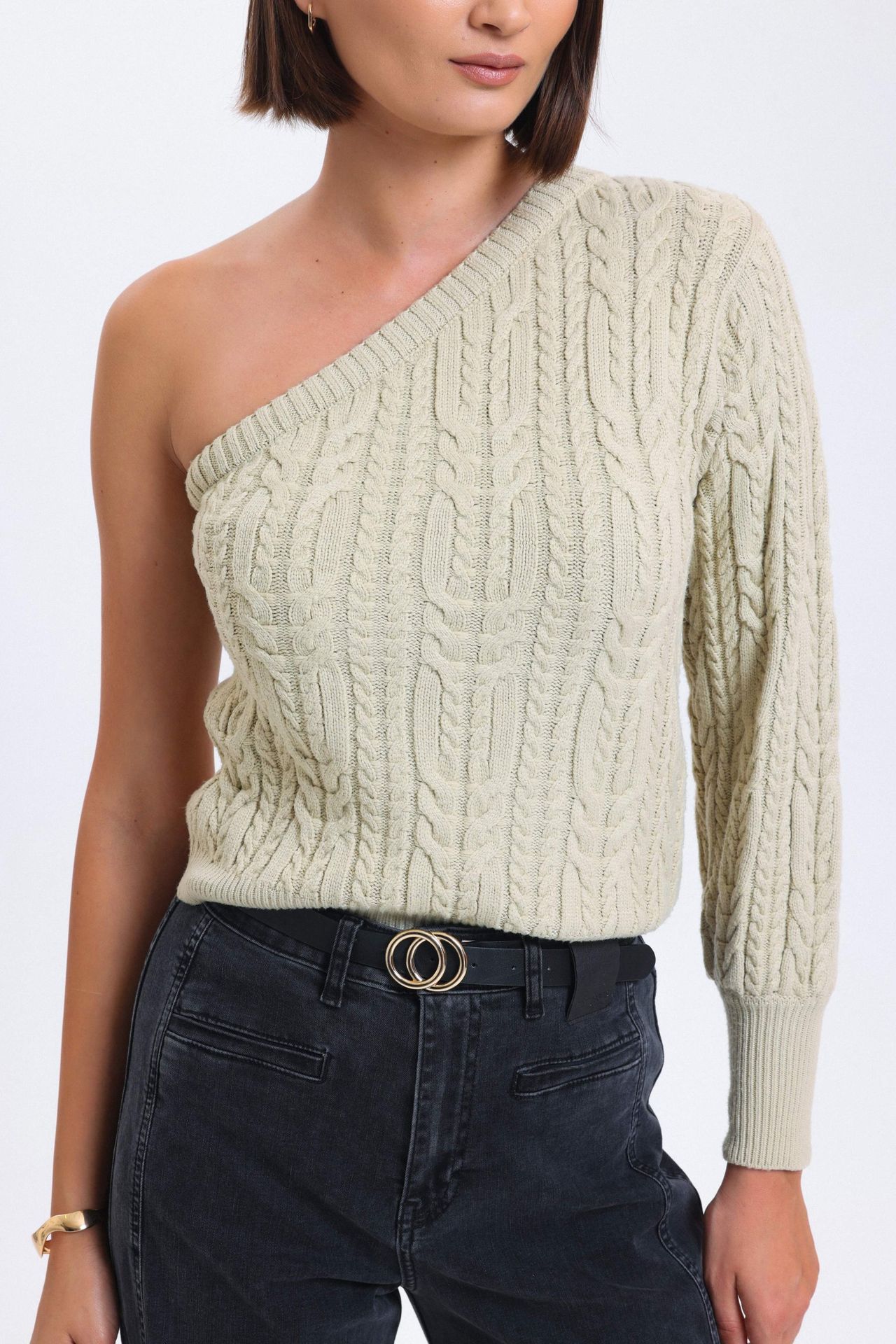 Cable Knitted One Shoulder Cropped Sweater