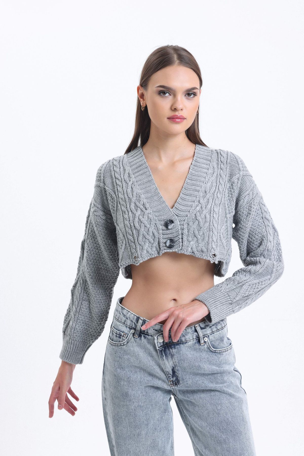 Cable Knitted V Neck Cropped Cardigan