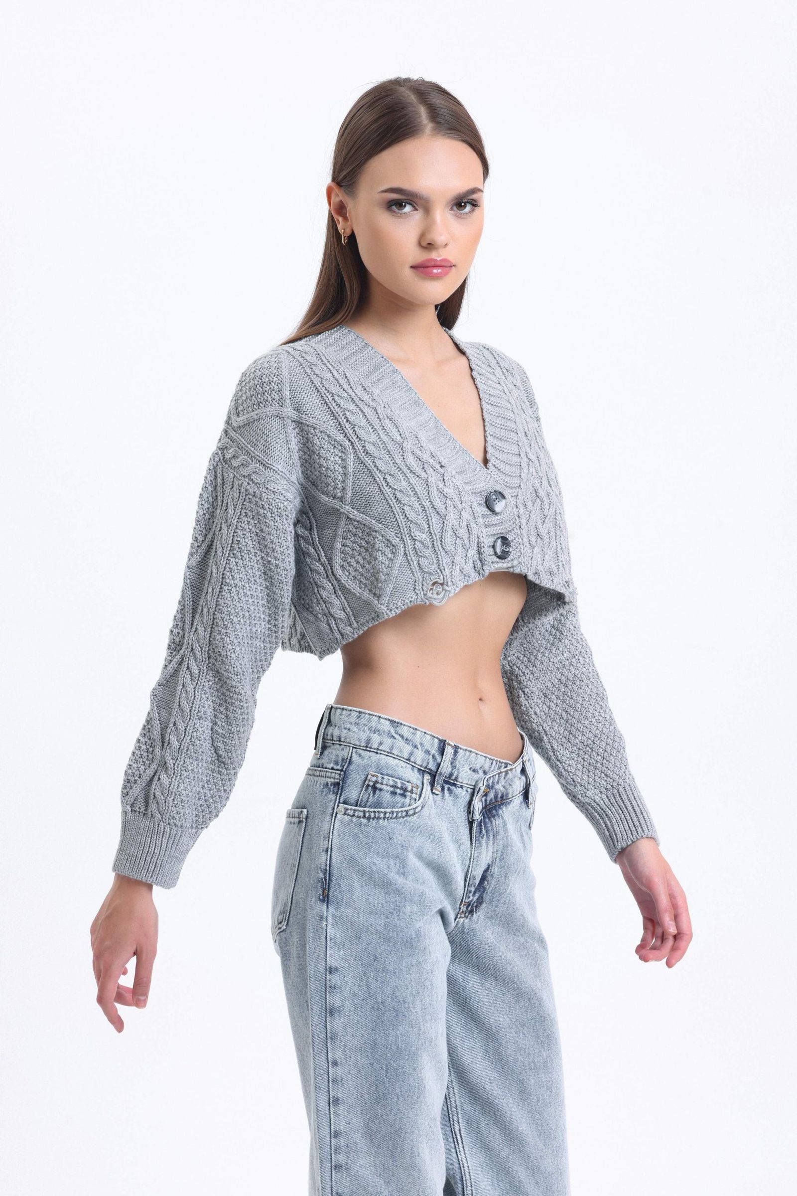 Cable Knitted V Neck Cropped Cardigan