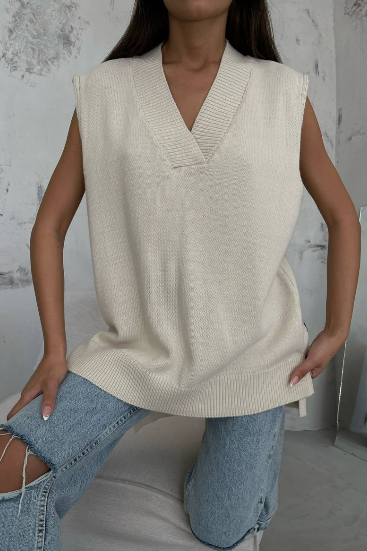 V Neck Sleeveless Oversized Sweater