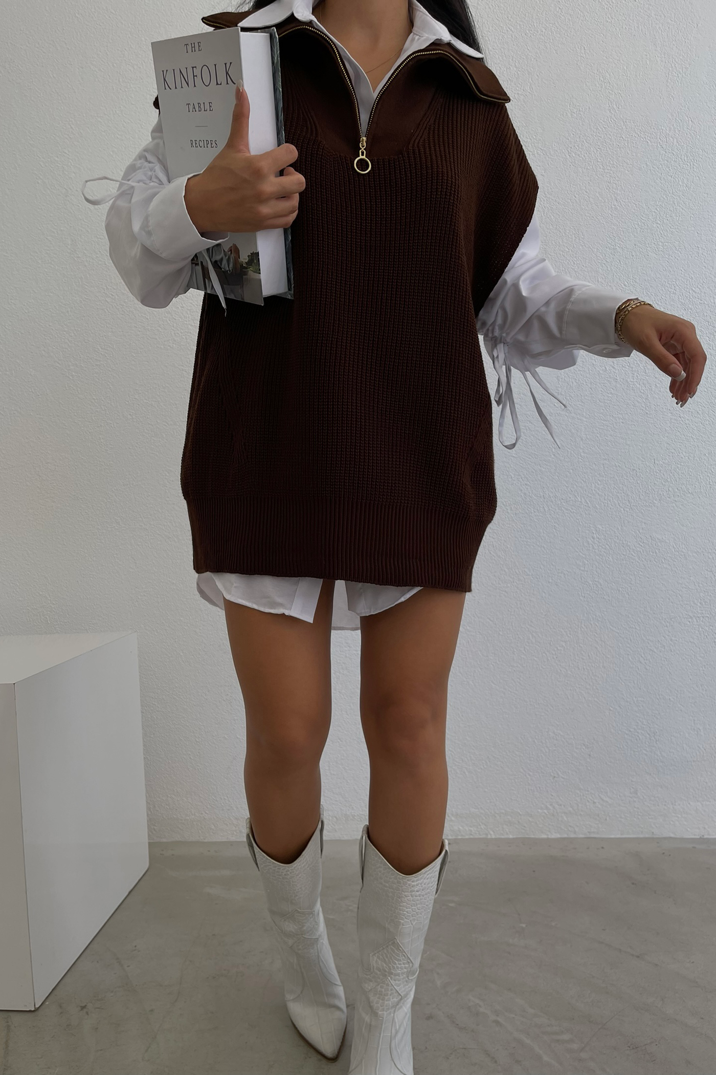 2 Pieces: Knitted Short Sleeve Oversized Sweater with a Zippered Neck & Shirt with a Arm Detail