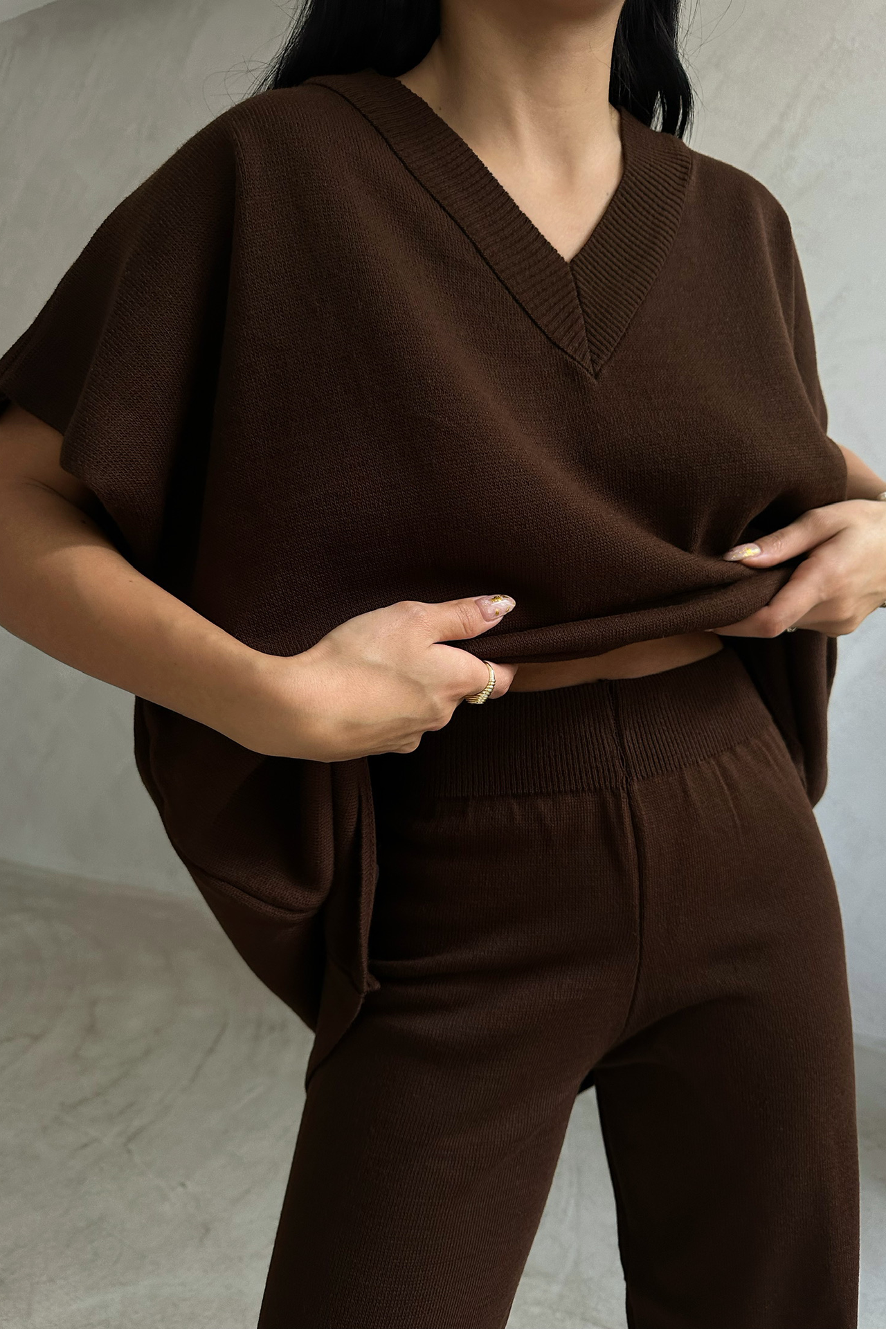 2 Pieces: V Neck Knitted Sleeveless Oversized Sweater & High Waist Elastic Waist Straight Leg Trousers