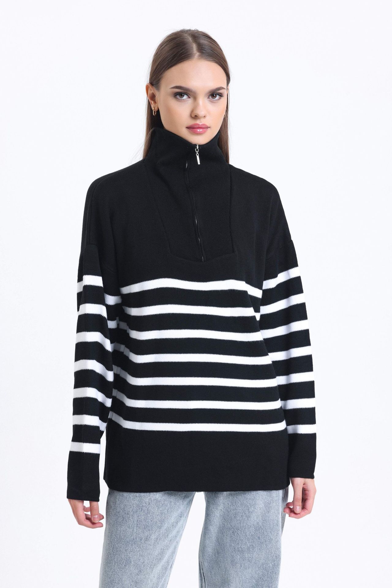 Striped High Neck Oversized Sweater with a Zippered Neck