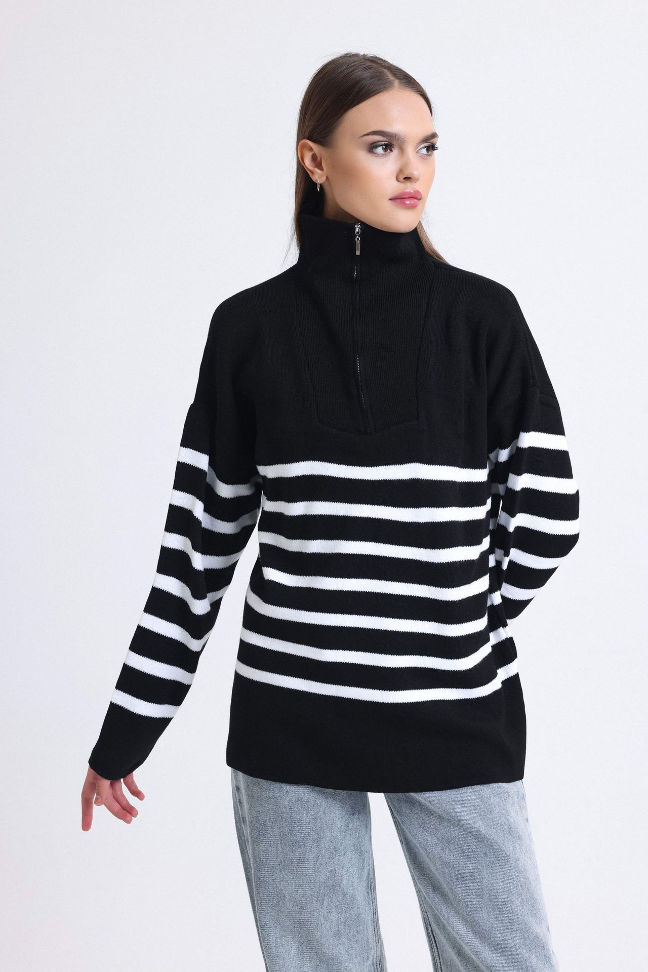 Striped High Neck Oversized Sweater with a Zippered Neck