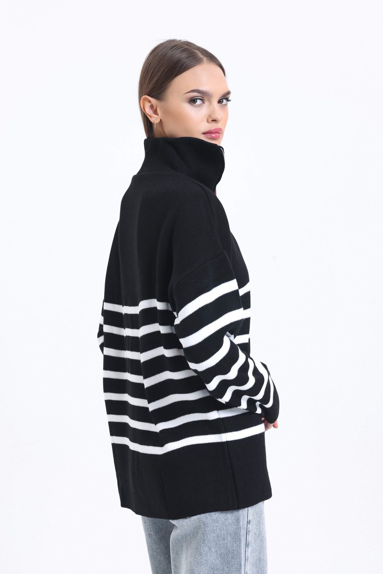 Striped High Neck Oversized Sweater with a Zippered Neck