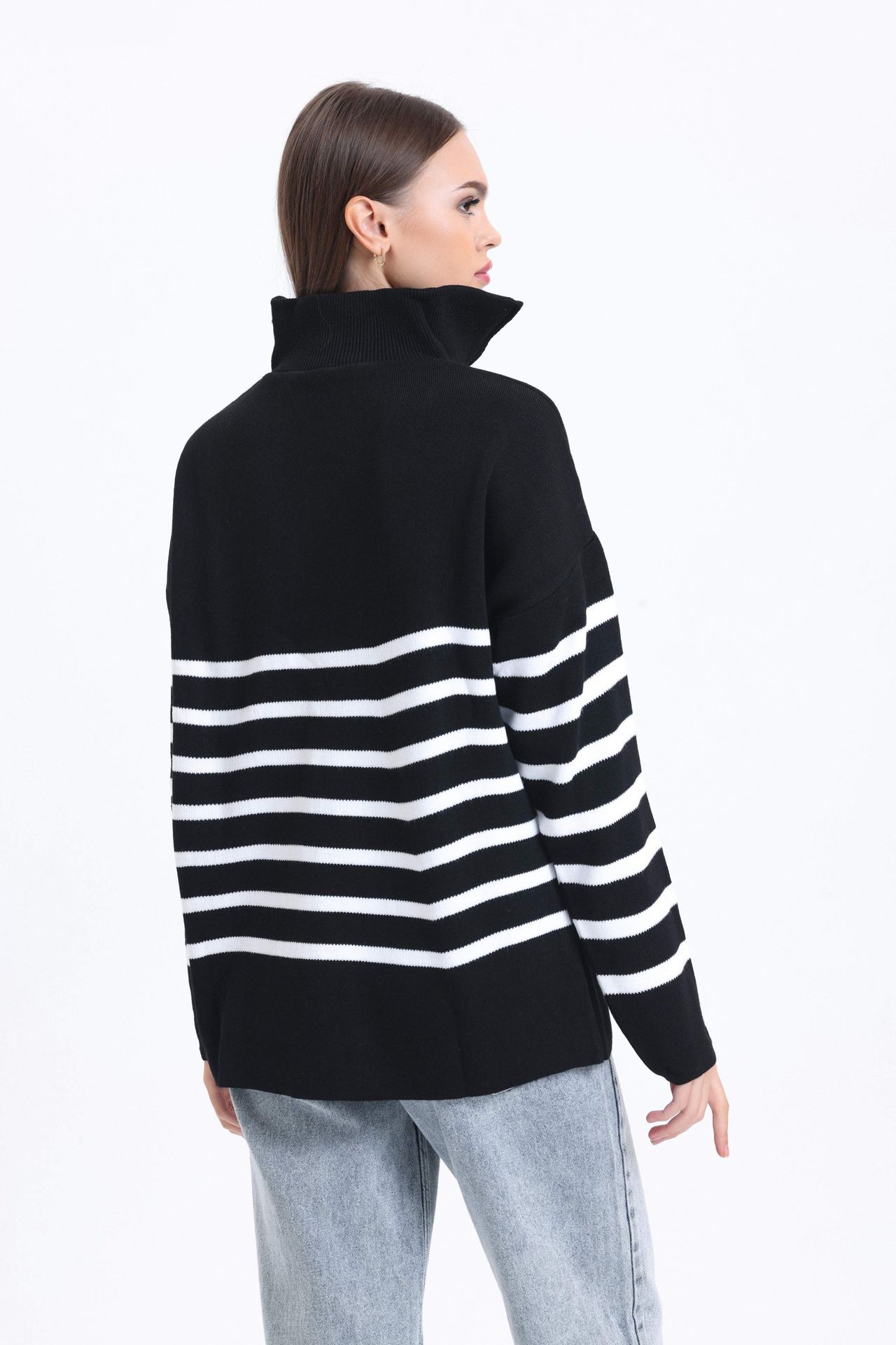 Striped High Neck Oversized Sweater with a Zippered Neck