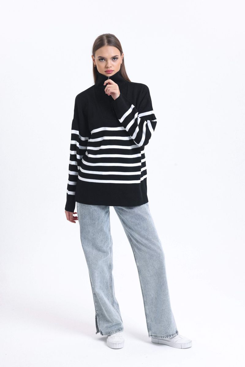 Striped High Neck Oversized Sweater with a Zippered Neck 1