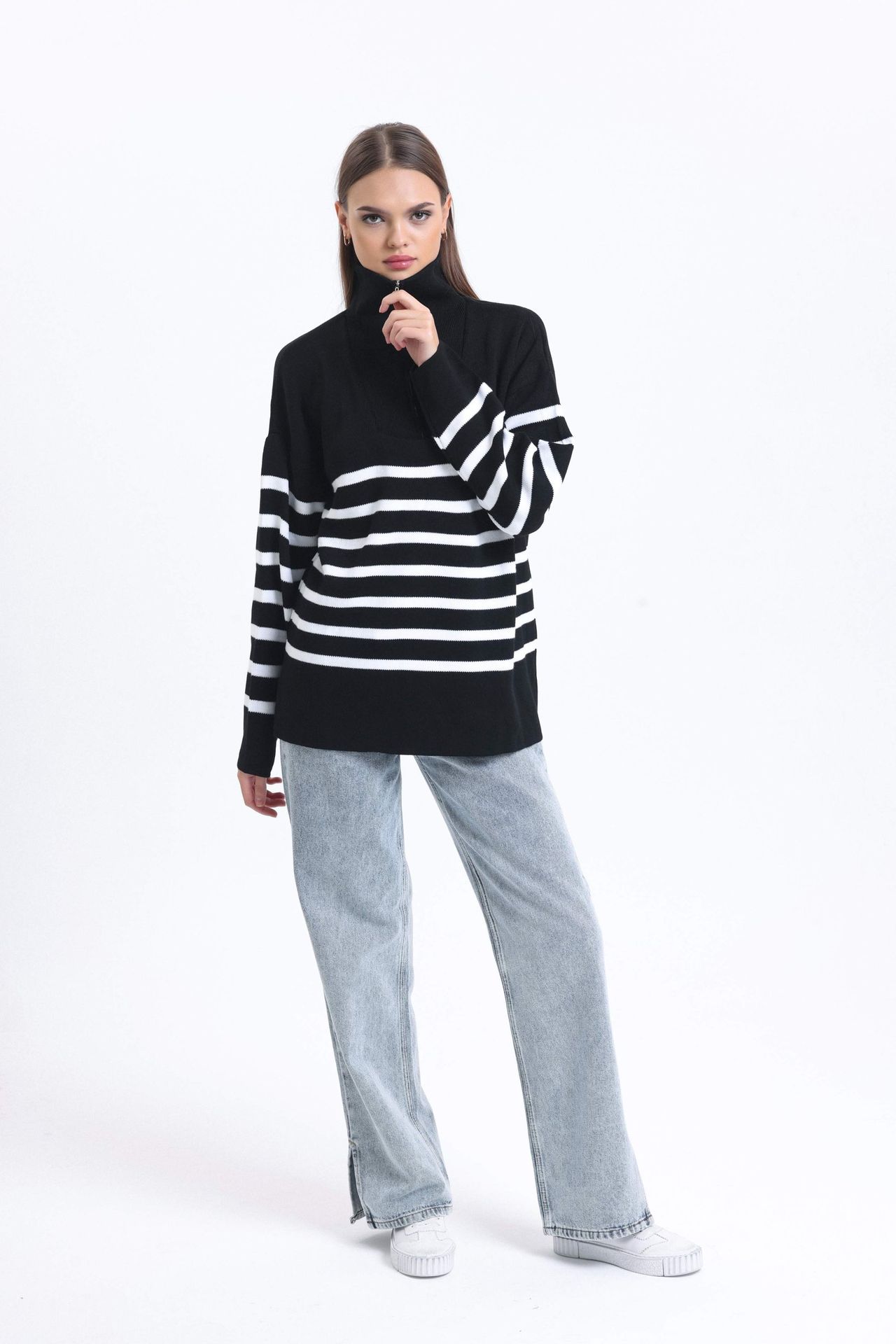 Striped High Neck Oversized Sweater with a Zippered Neck