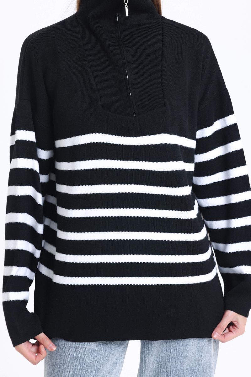 Striped High Neck Oversized Sweater with a Zippered Neck 6