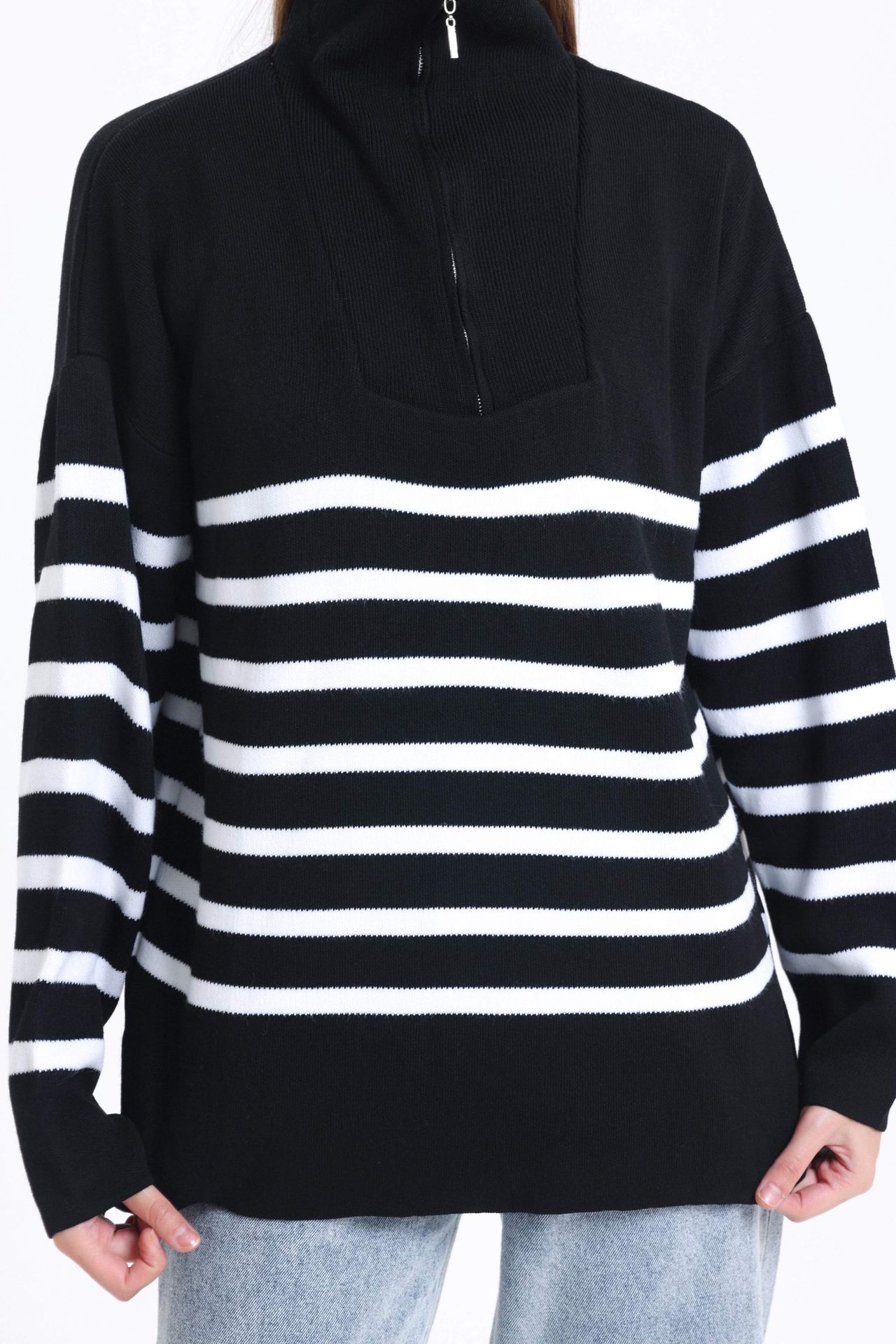 Striped High Neck Oversized Sweater with a Zippered Neck