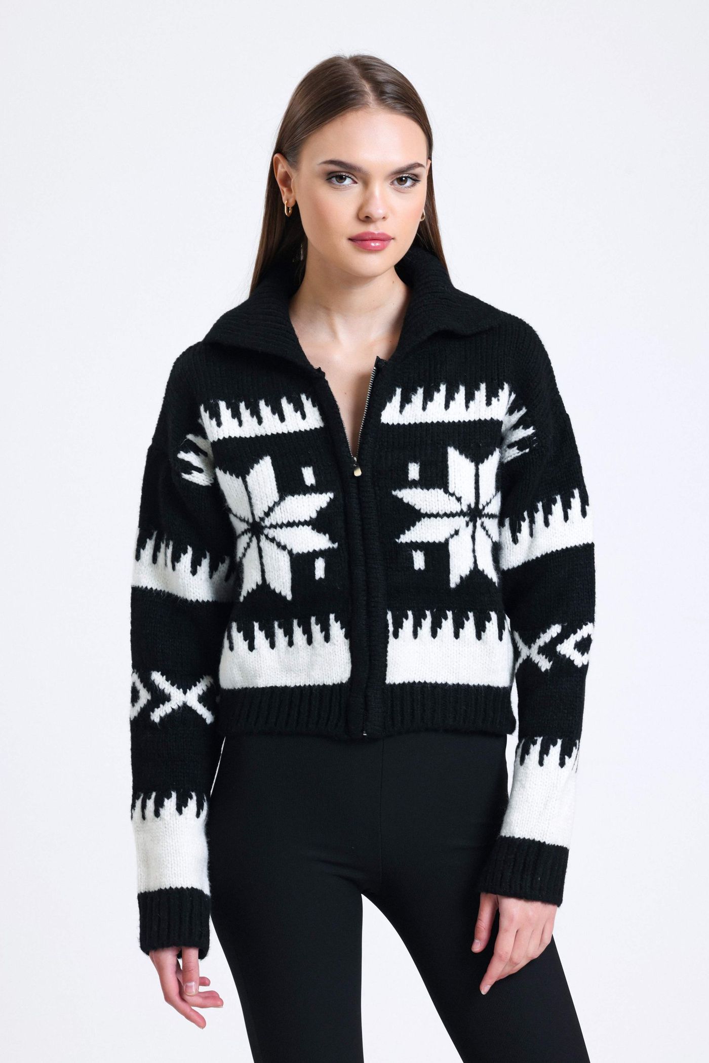 Patterned Polo Collar Zippered Cardigan