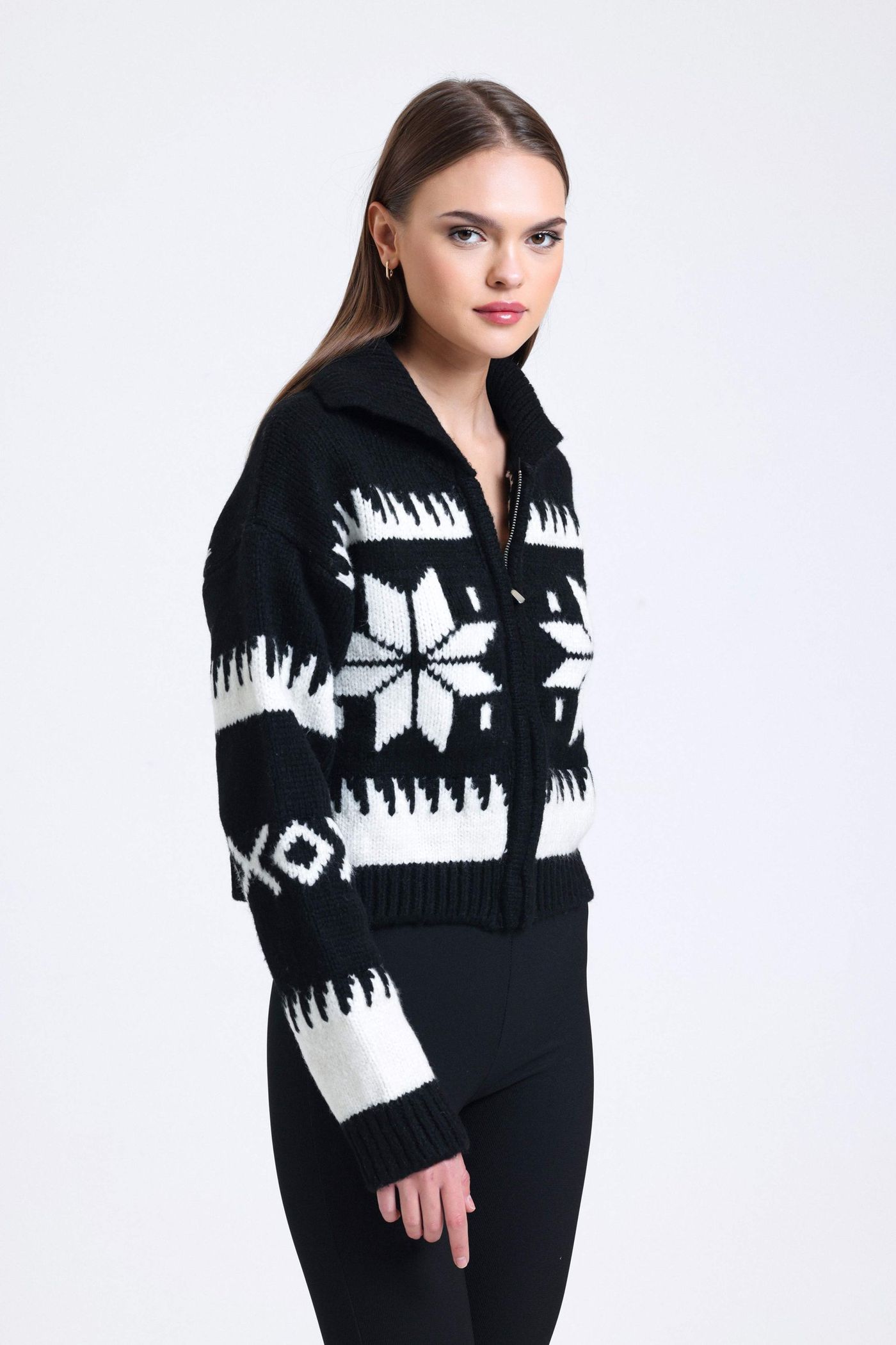 Patterned Polo Collar Zippered Cardigan